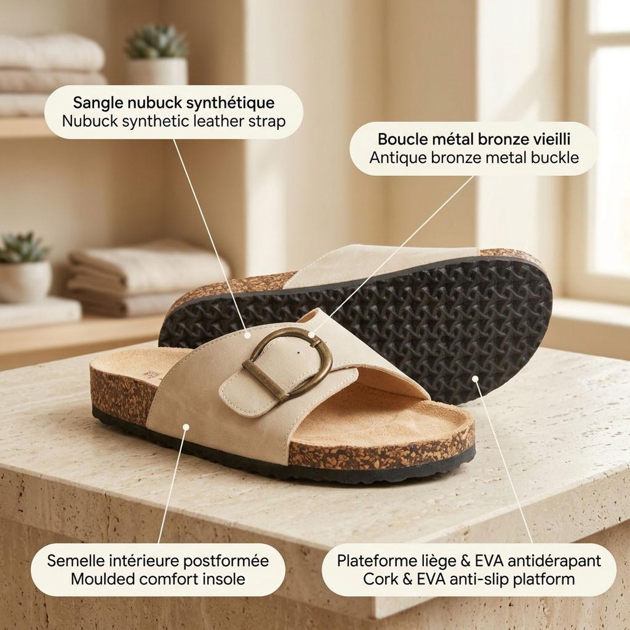 Voir la diapositive 4 : OZABI OZABI Sandales Mule Boucle Ronde Nubuck Noir Beige