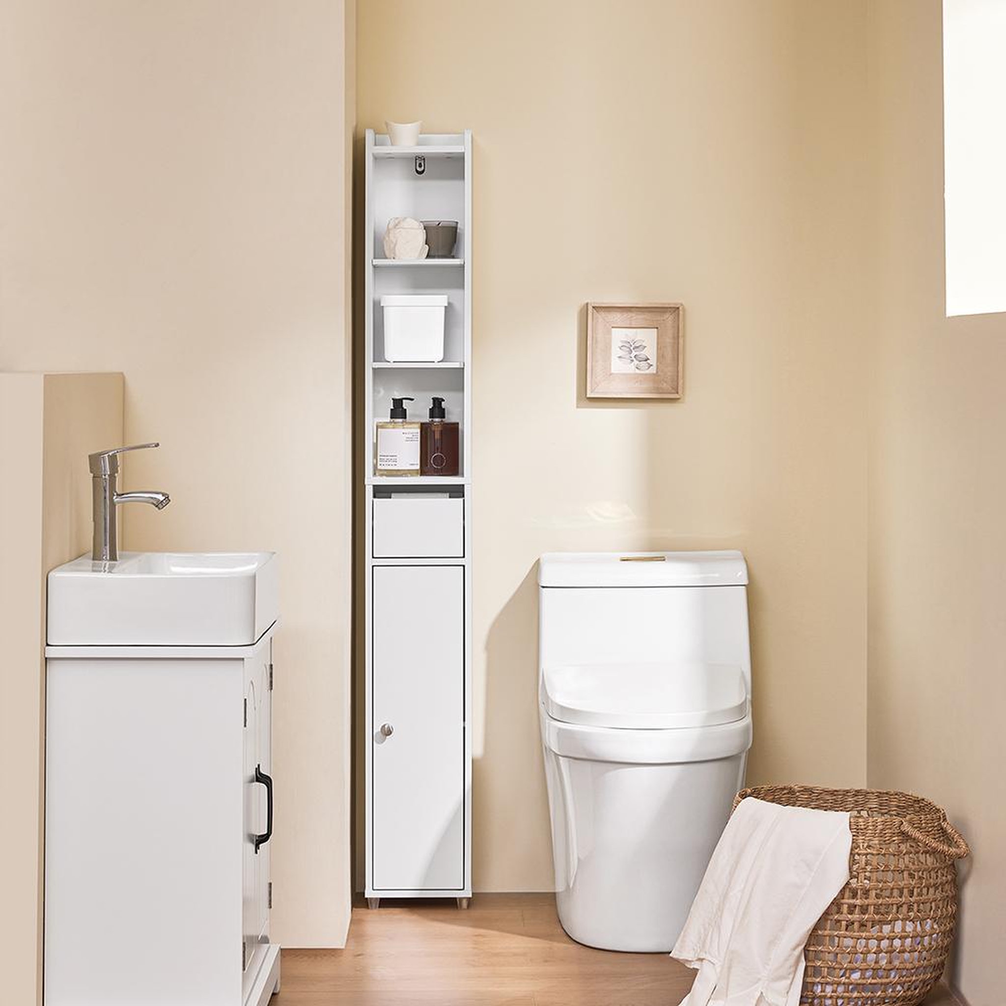 Voir la diapositive 2 : SOBUY SoBuy - Colonne De Salle De Bain à un tiroir - Blanc - 20x17x145cm - Minimaliste - BZR34-K-W