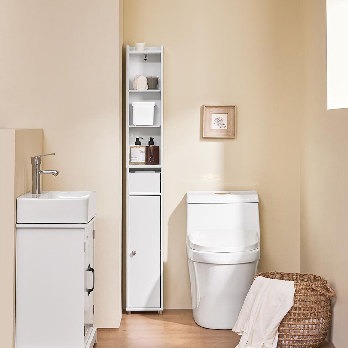 SOBUY SoBuy - Colonne De Salle De Bain à un tiroir - Blanc - 20x17x145cm - Minimaliste - BZR34-K-W