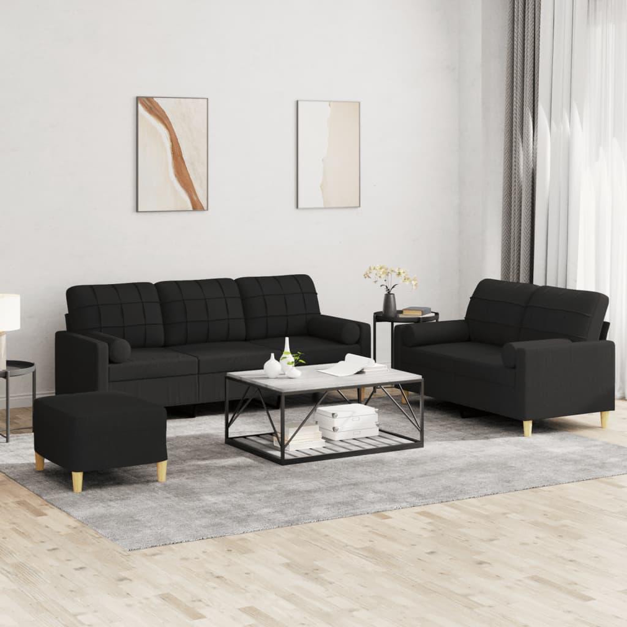 VIDAXL Ensemble de canapes 3 pcs avec coussins noir tissu