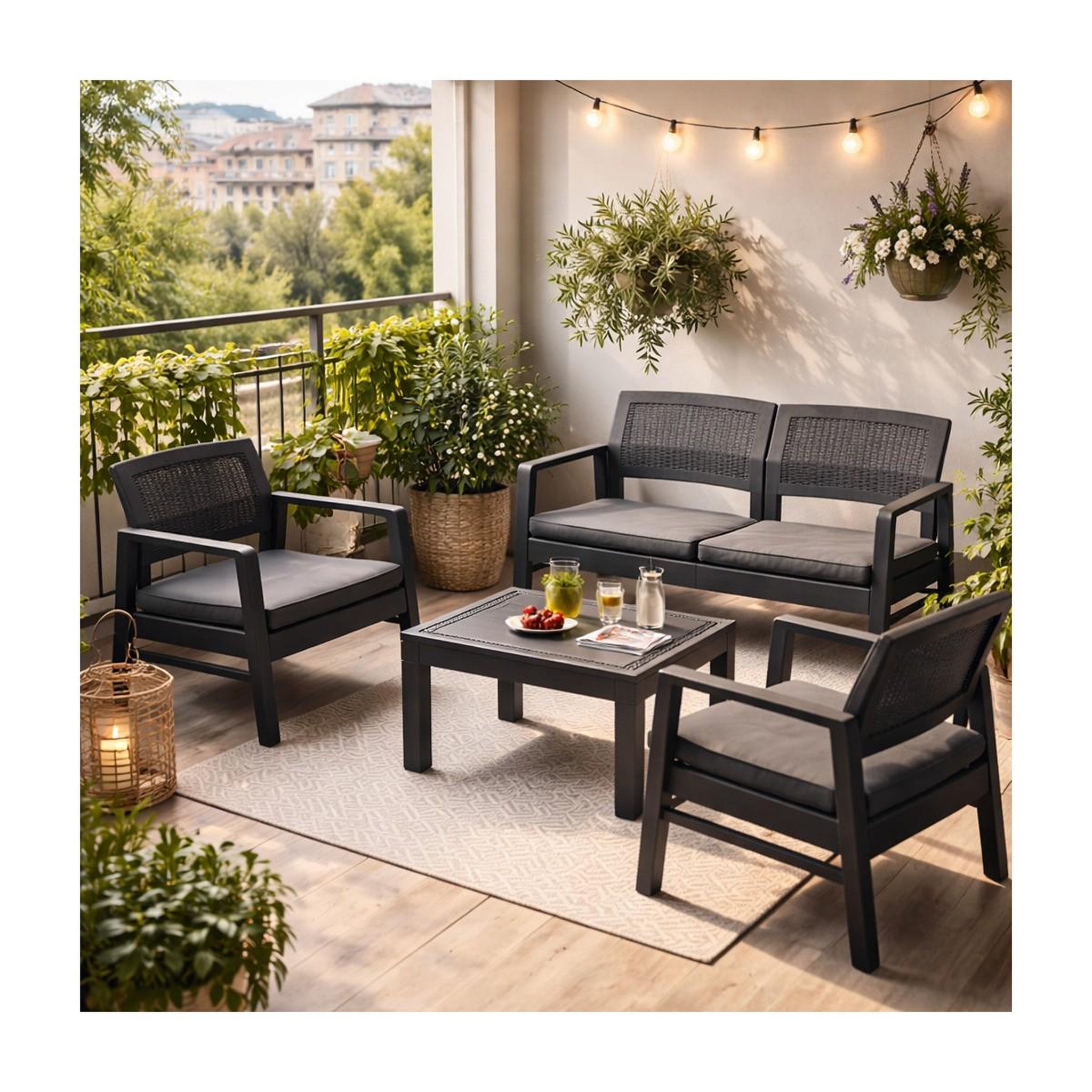 Voir la diapositive 4 : KZ GARDEN Salon de jardin extérieur 4 personnes gris anthracite canapé 2 places + 2 fauteuils + table basse + 4 coussins kz garden