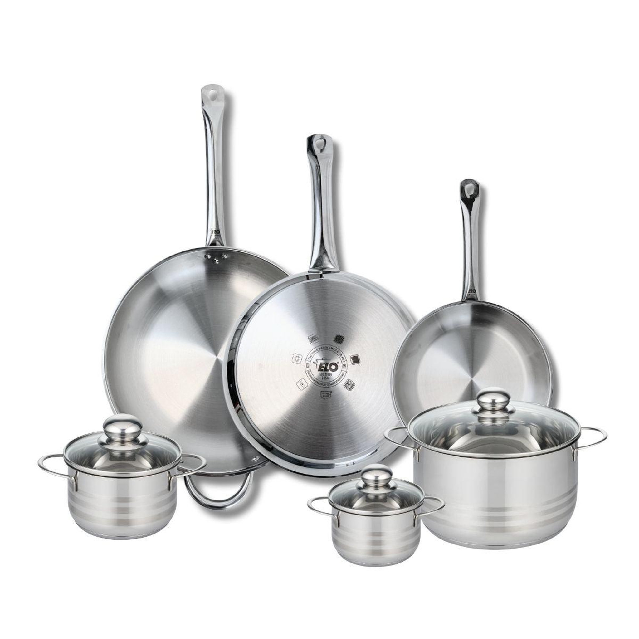 ELO Ensemble de 3 poêles de cuisson 24, 28 et 32 cm et 3 faitouts 12, 14 et 20 cm elo profi brillant