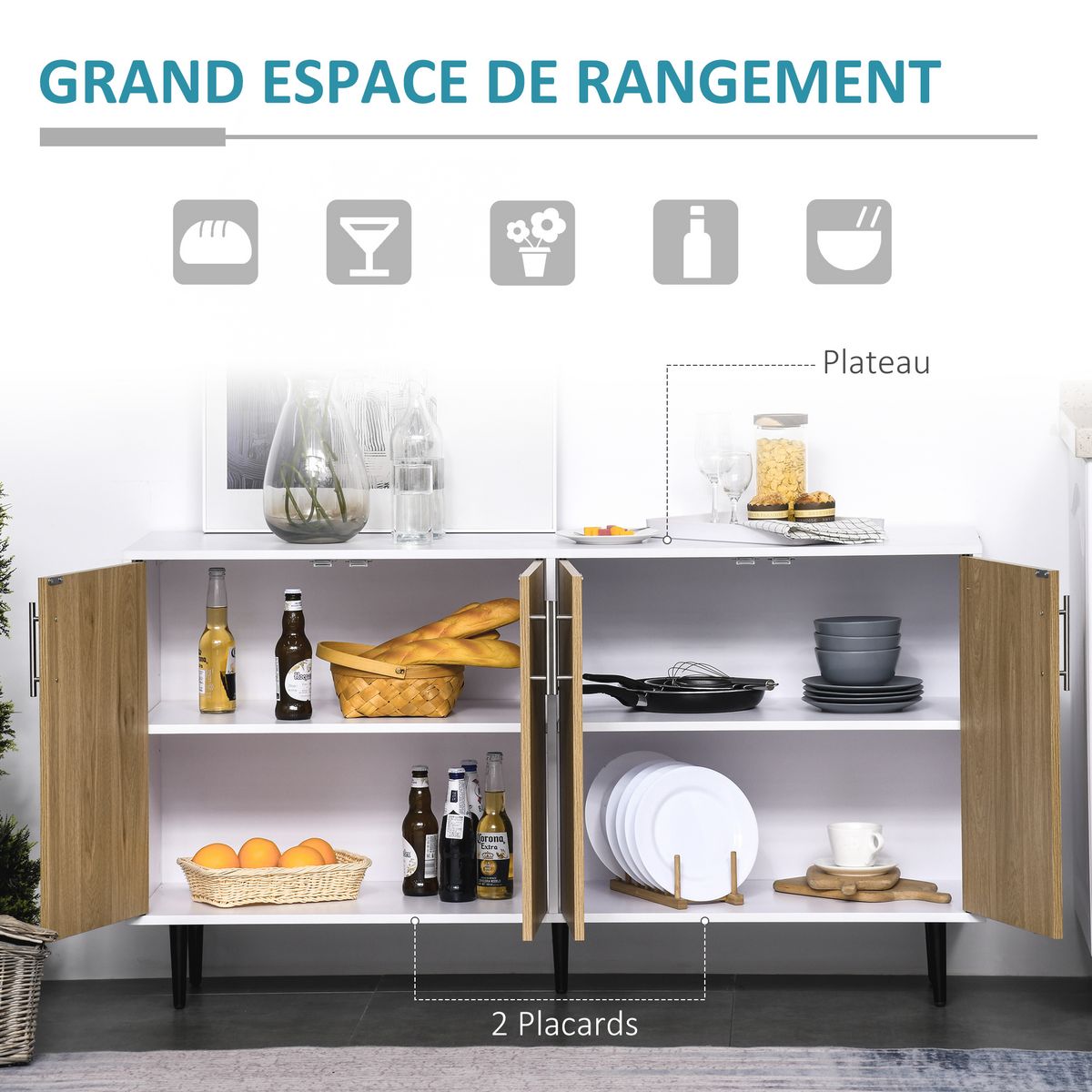 HOMCOM Buffet meuble de rangement 2 placards 2 portes avec étagères réglables blanc chêne clair