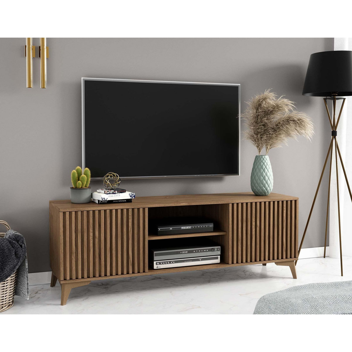 BEST MOBILIER Portmore - meuble tv - effet bois - 2 portes et 2 niches - 150 cm