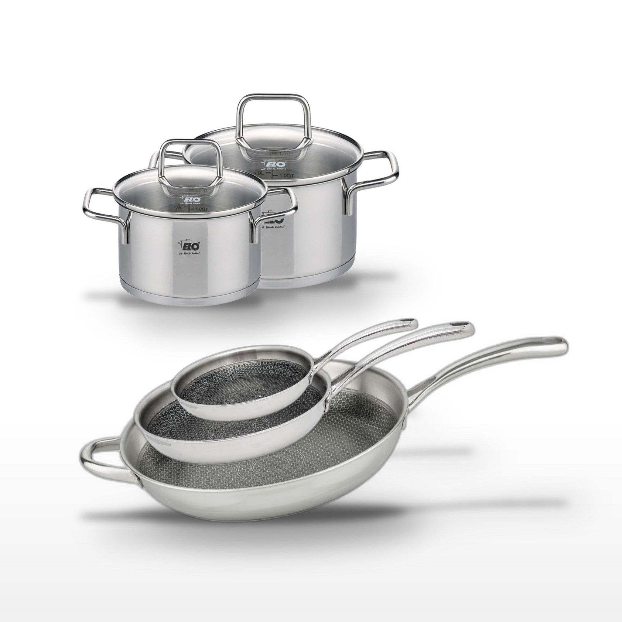 ELO Lot de 3 poêles 32/28/24 cm et 2 faitouts 14/12 cm elo relief evolution