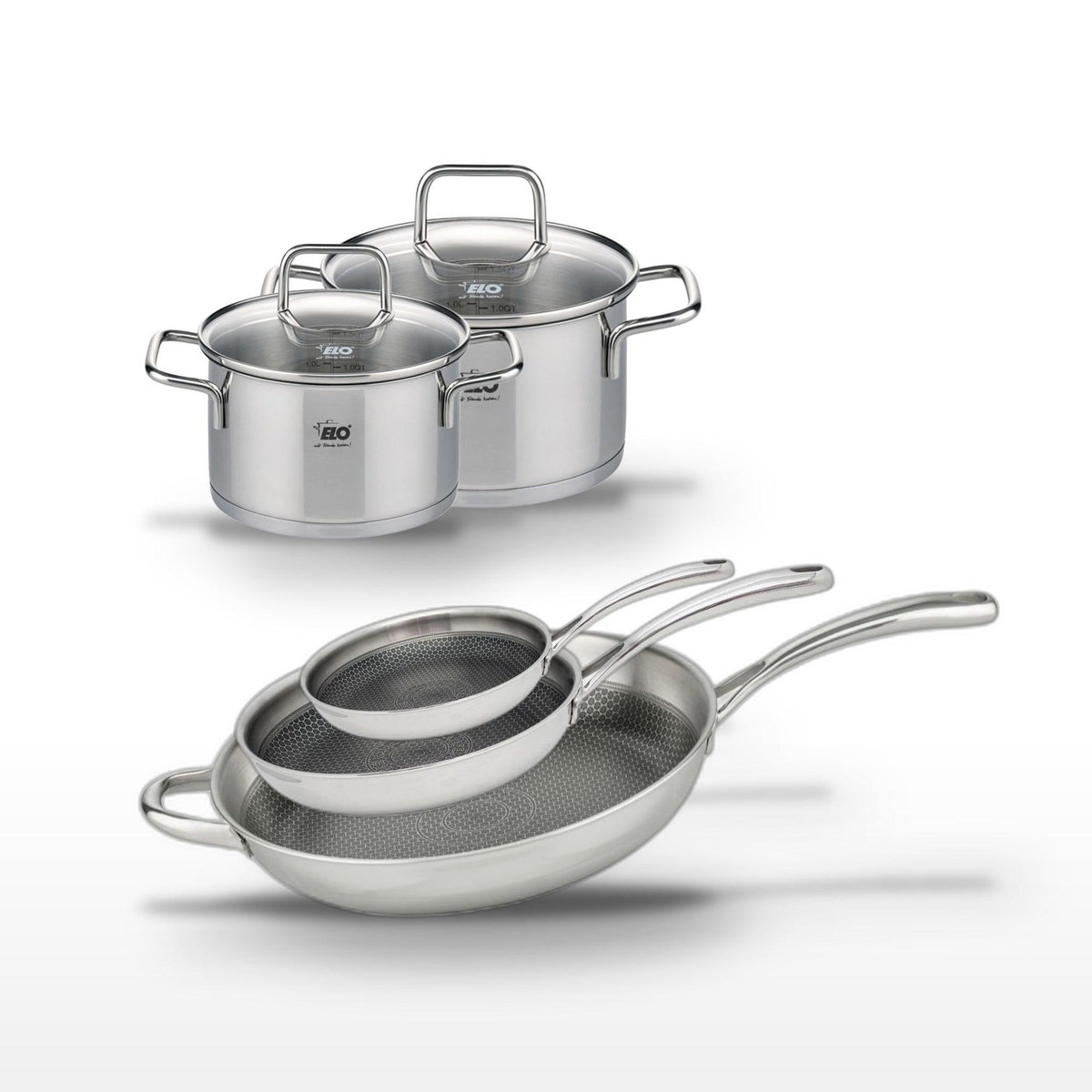 ELO Lot de 3 Poêles 32/28/24 cm et 2 Faitouts 14/12 cm Elo Relief Evolution