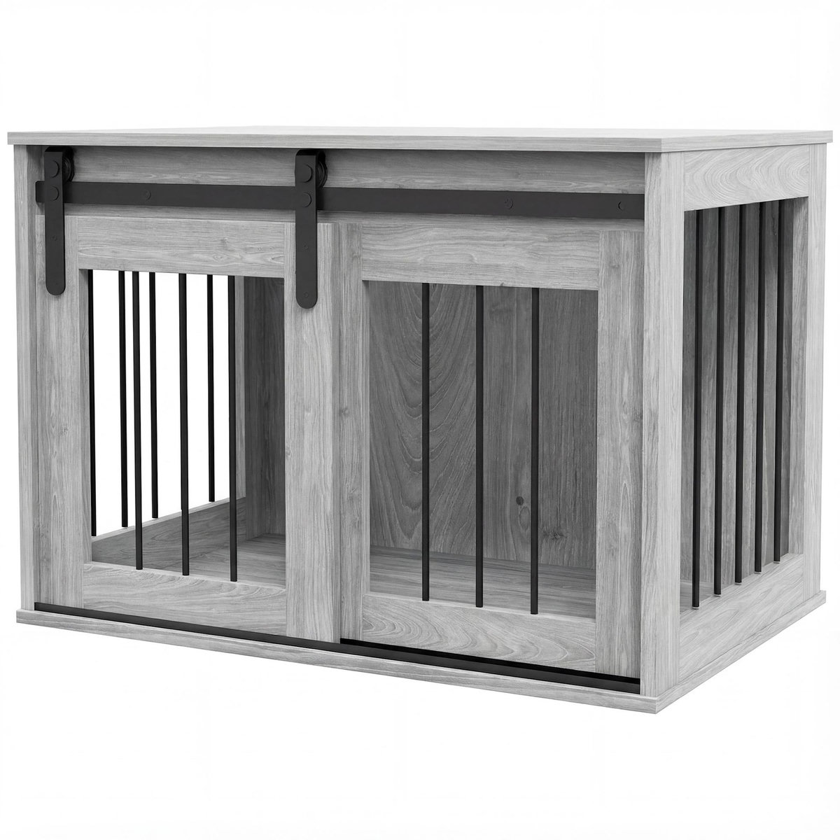 PAWHUT Cage pour chien animaux style industriel - porte coulissante verrouillable - acier noir aspect bois gris