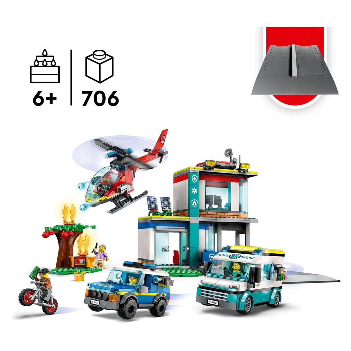 LEGO City 60371 Le QG des véhicules d'urgences, avec Hélicoptère de Pompier, Jouet Camion Ambulance, Moto et Voiture de Police