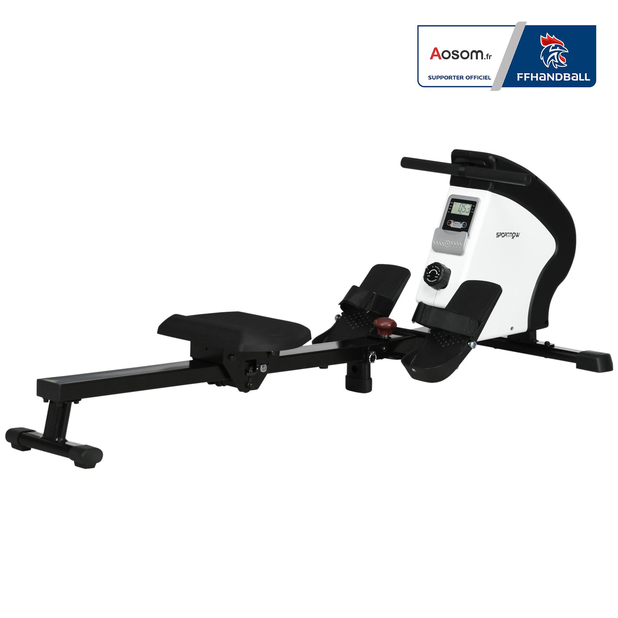 HOMCOM Rameur d'appartement magnétique pliable - aosom.fr x ffhandball - 8 niv. Résistance - écran lcd multifonction - noir blanc