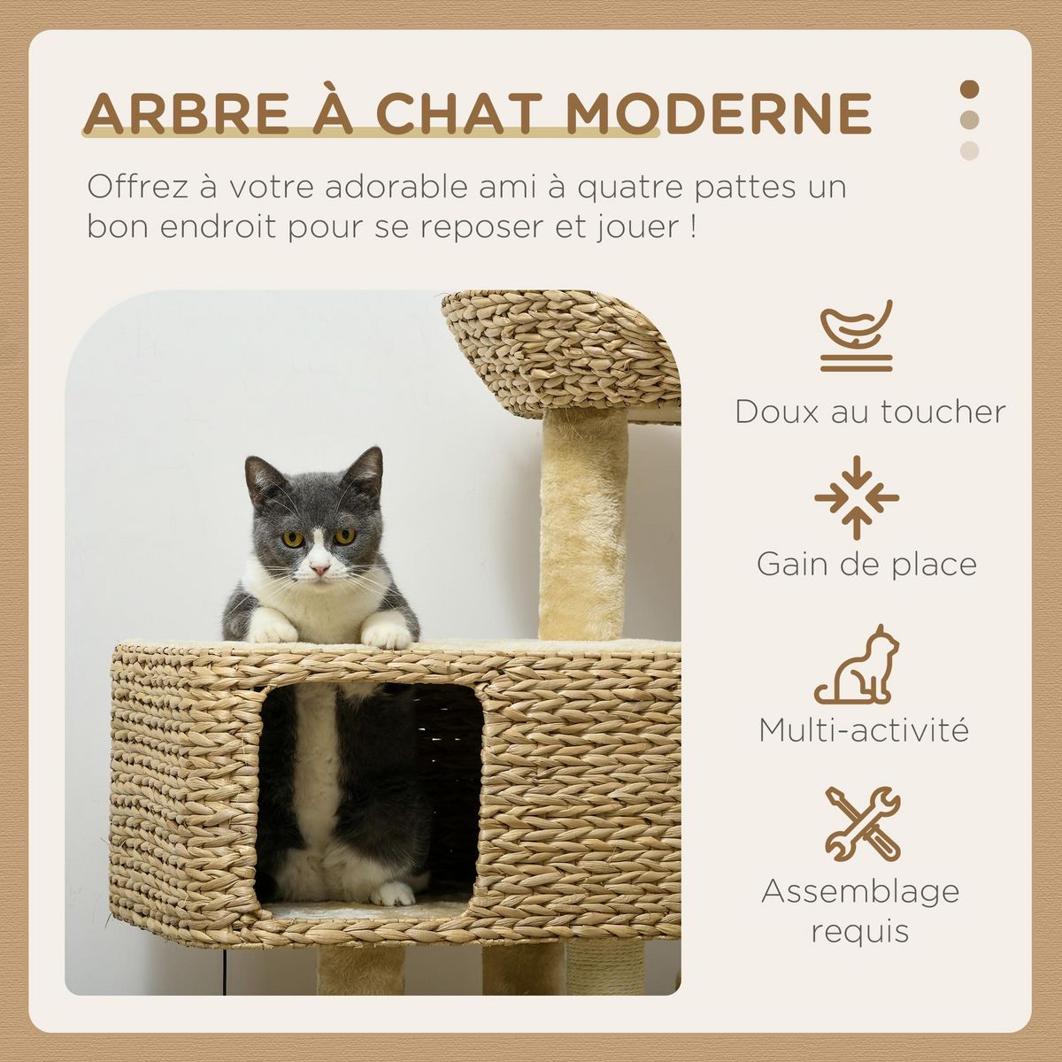 PAWHUT Arbre à chat style cosy chic griffoirs sisal naturel équipement multiple peluche jacinthe d'eau beige