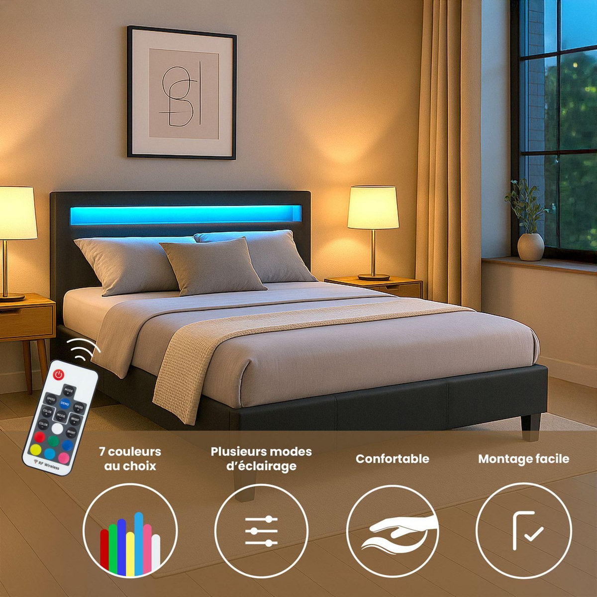 IDIMEX Lit LED double PINOT 140x190 cm, avec sommier, revêtement synthétique