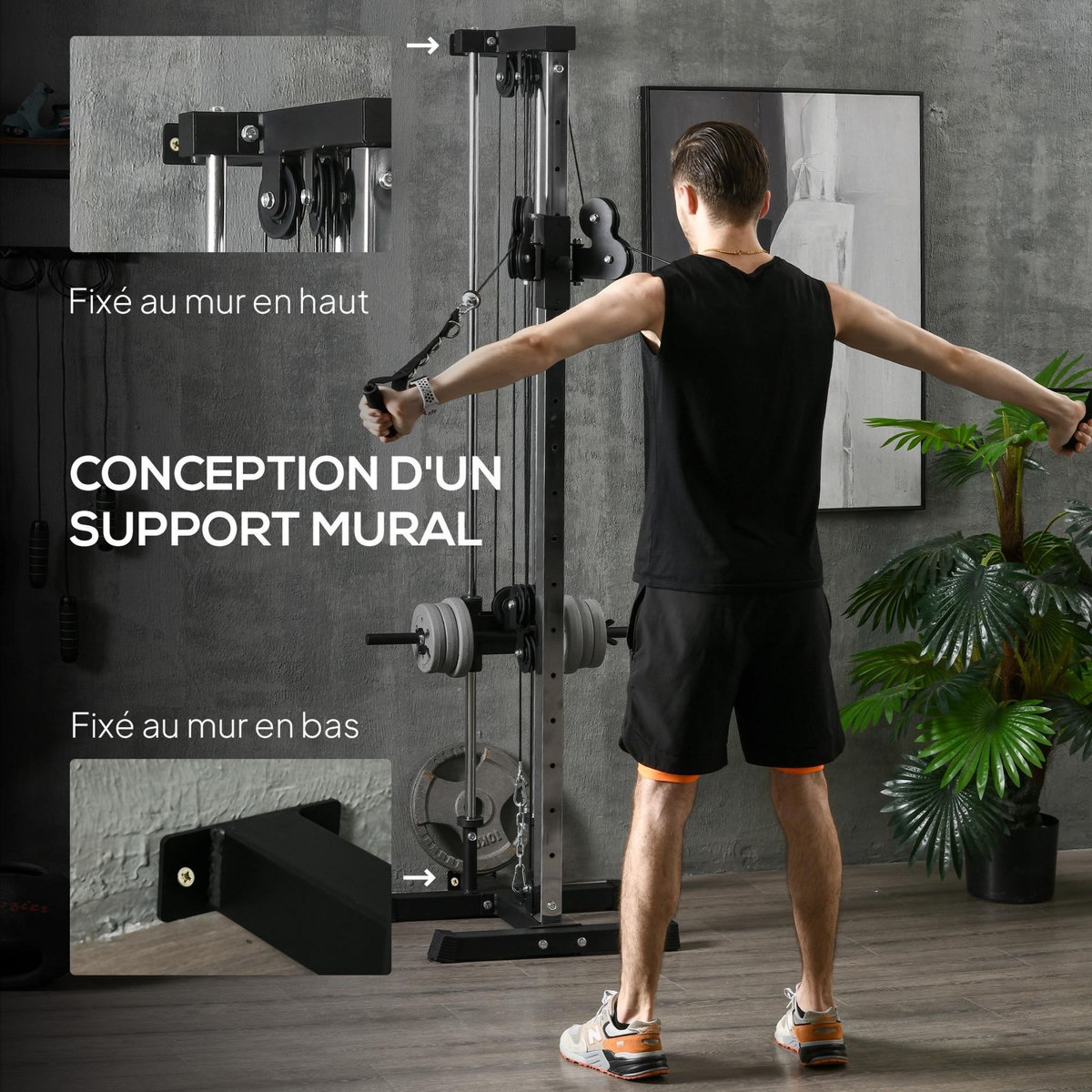 HOMCOM Station de musculation montage mural - double poulie, tirage poitrine, lat pulldown - acier gris noir