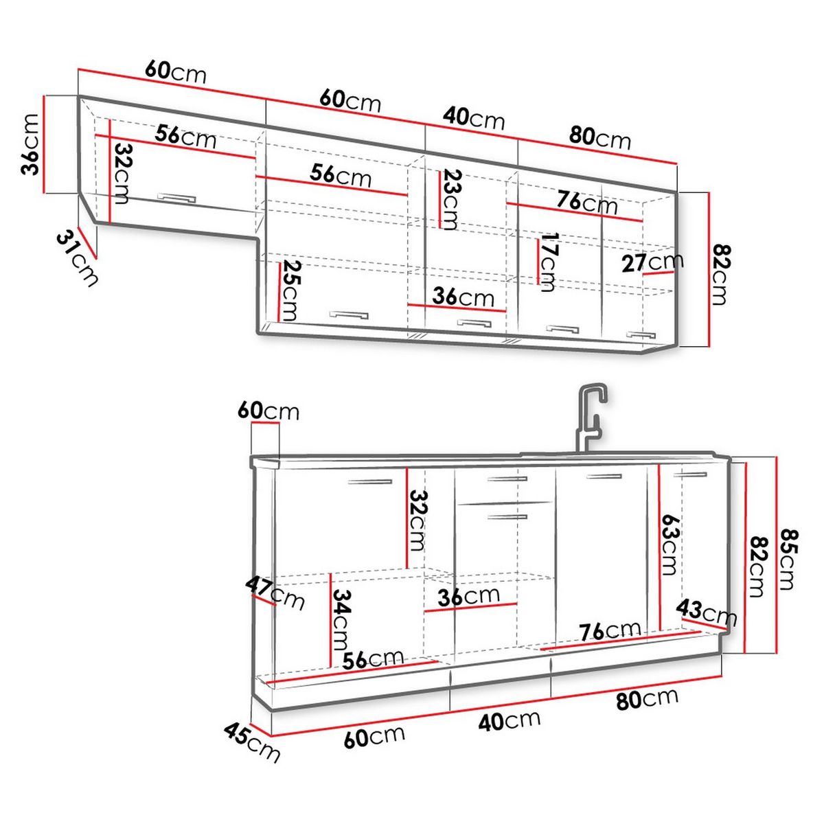 Cuisine complète 3 éléments bas et 4 éléments hauts L240cm MASTER