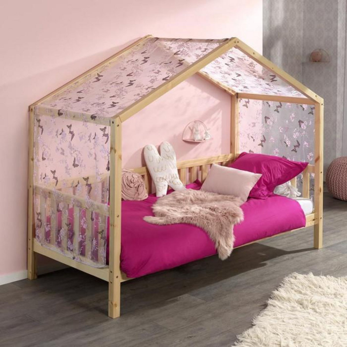 Paris Prix Pack - Lit Enfant Cabane, Barrière & Voile  Dallas II  90x200cm Naturel
