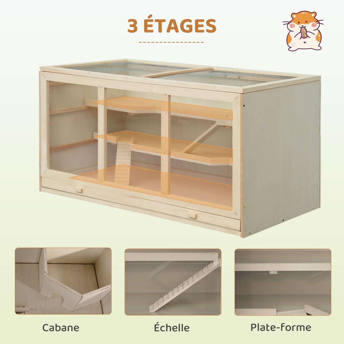 PAWHUT Cage pour hamster 2 étages dim. 115x57x55cm toit ouvrable fenêtres cabane 2 échelles plateau déjection bois