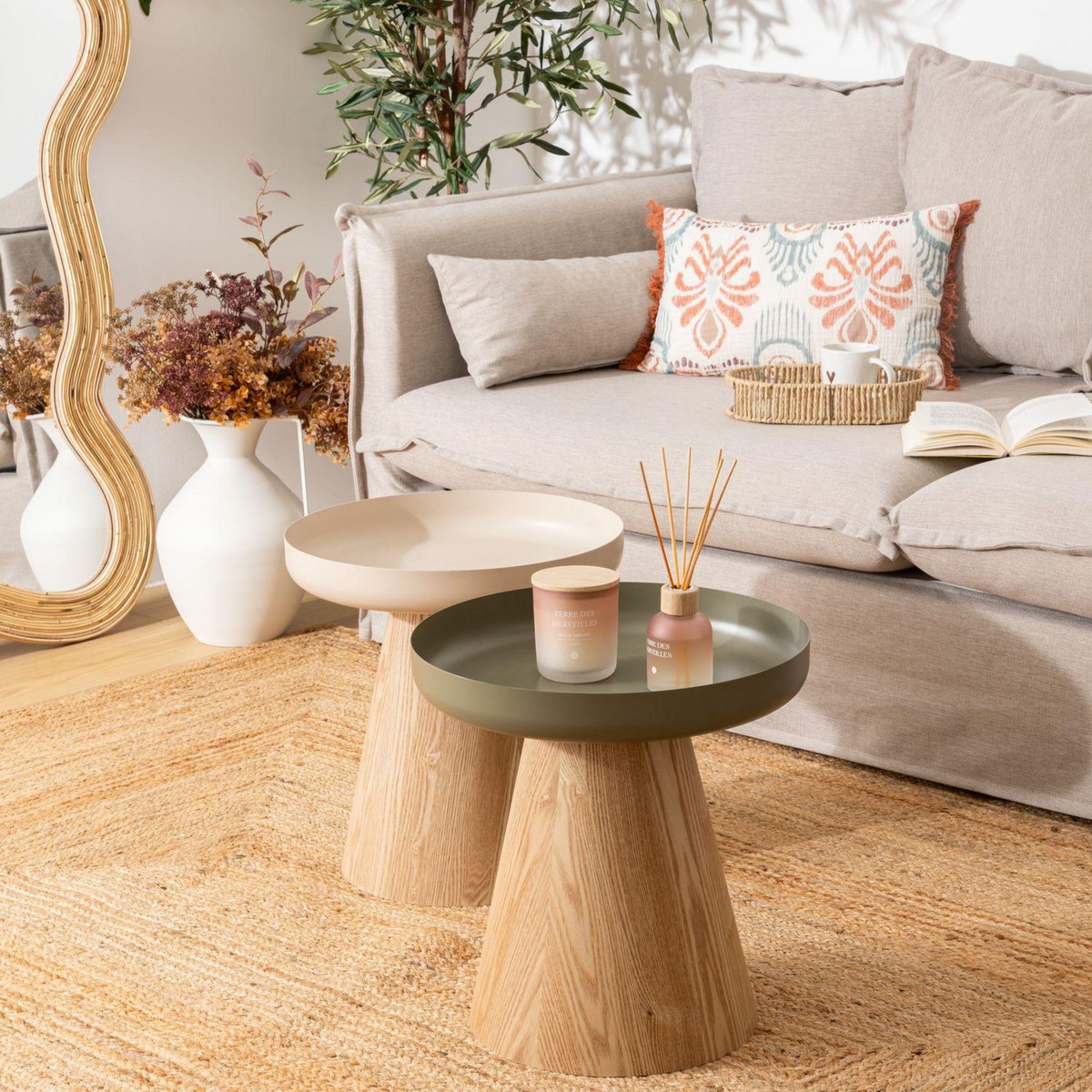 ATMOSPHERA Table à café ronde en métal et bois HERCYNA - Beige