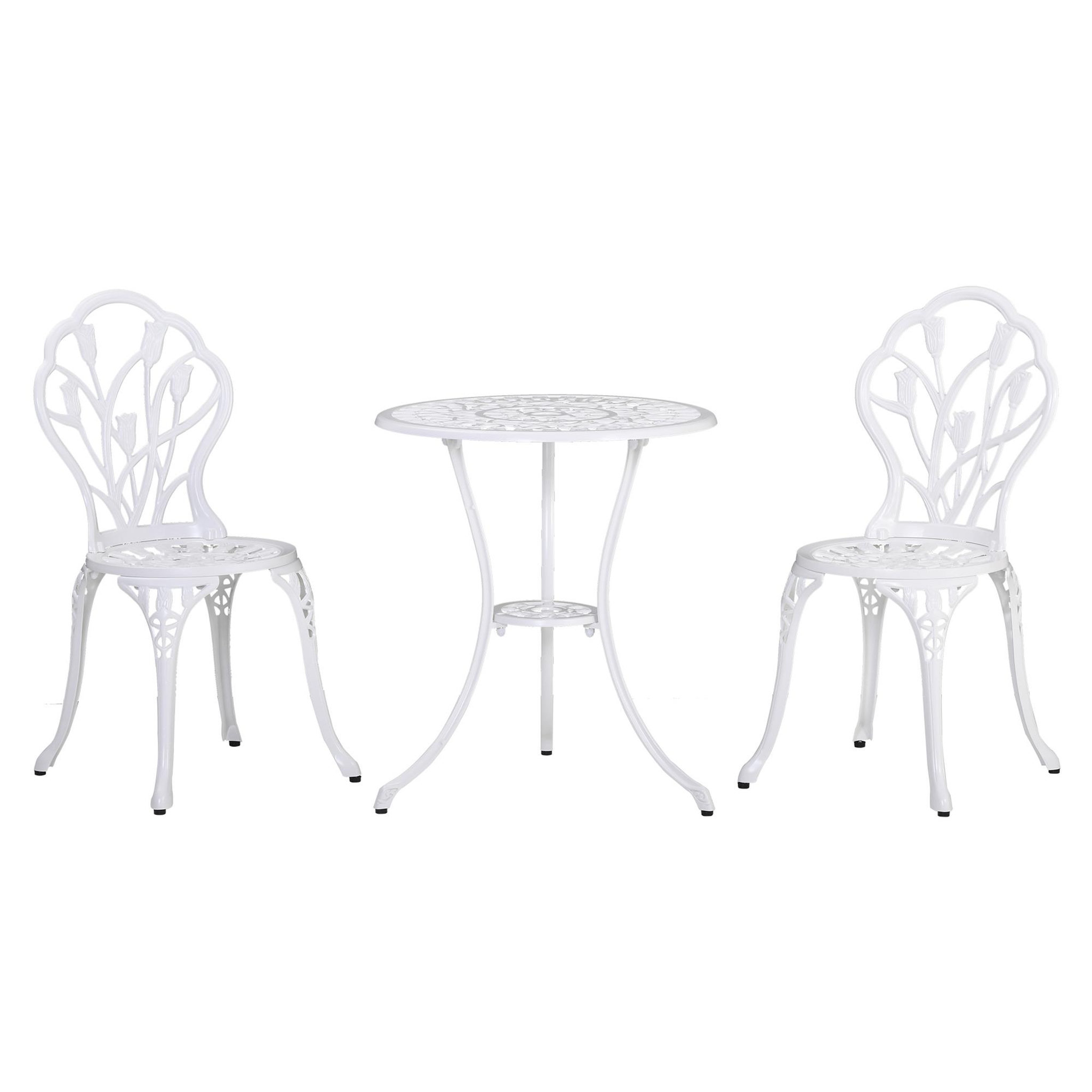 Voir la diapositive 1 : OUTSUNNY Ensemble salon de jardin 2 places 2 chaises + table ronde fonte d'aluminium imitation fer forgé blanc
