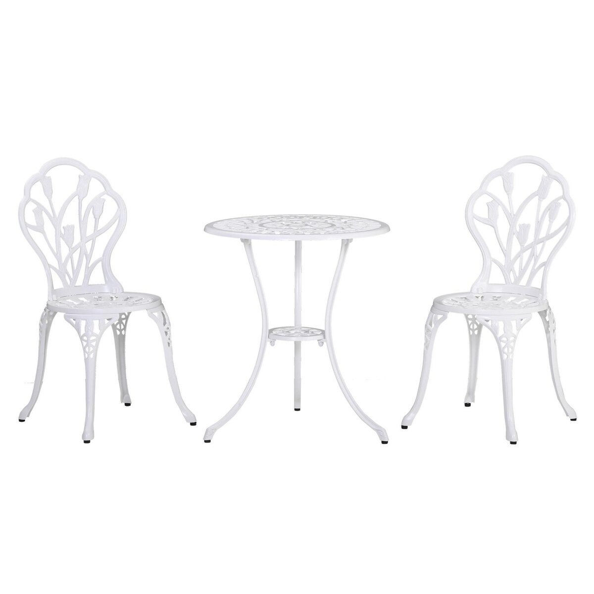 OUTSUNNY Ensemble salon de jardin 2 places 2 chaises + table ronde fonte d'aluminium imitation fer forgé blanc