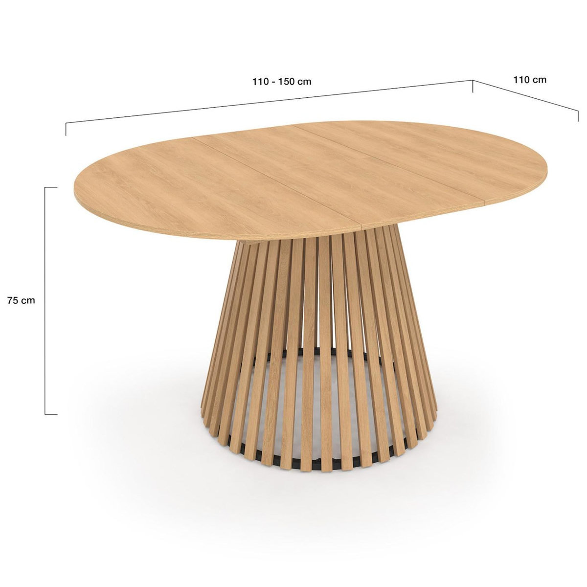 ID MARKET Table à manger extensible ronde CARMEN 4-8 personnes pied bois en lattes et plateau bois 110 - 150 cm