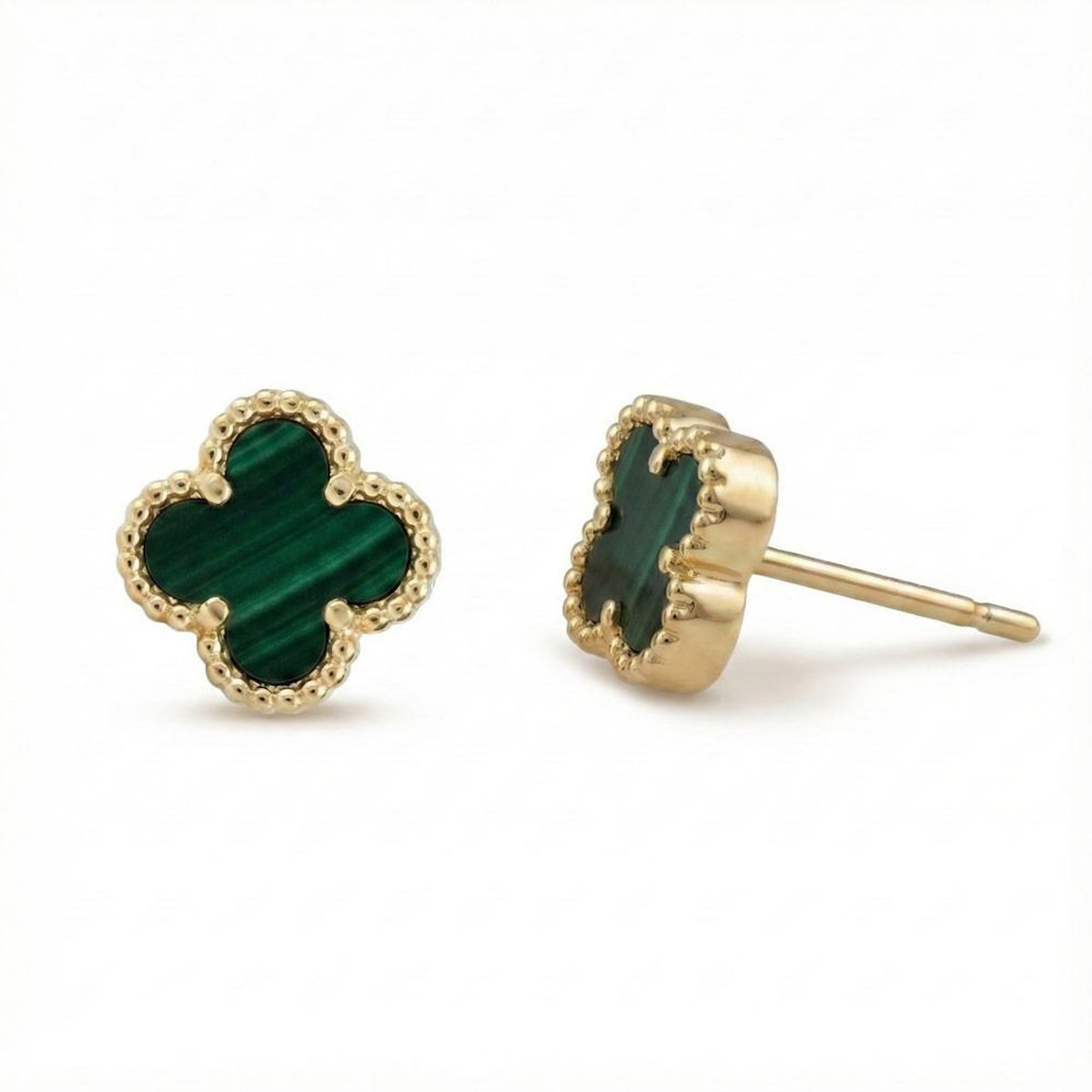 L'ATELIER D'AZUR Boucles d'Oreilles Or Jaune et Malachite - Puces Motif Trèfle à Quatre Feuilles