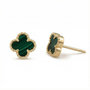 Voir la diapositive 2 : L'ATELIER D'AZUR Boucles d'Oreilles Or Jaune et Malachite - Puces Motif Trèfle à Quatre Feuilles