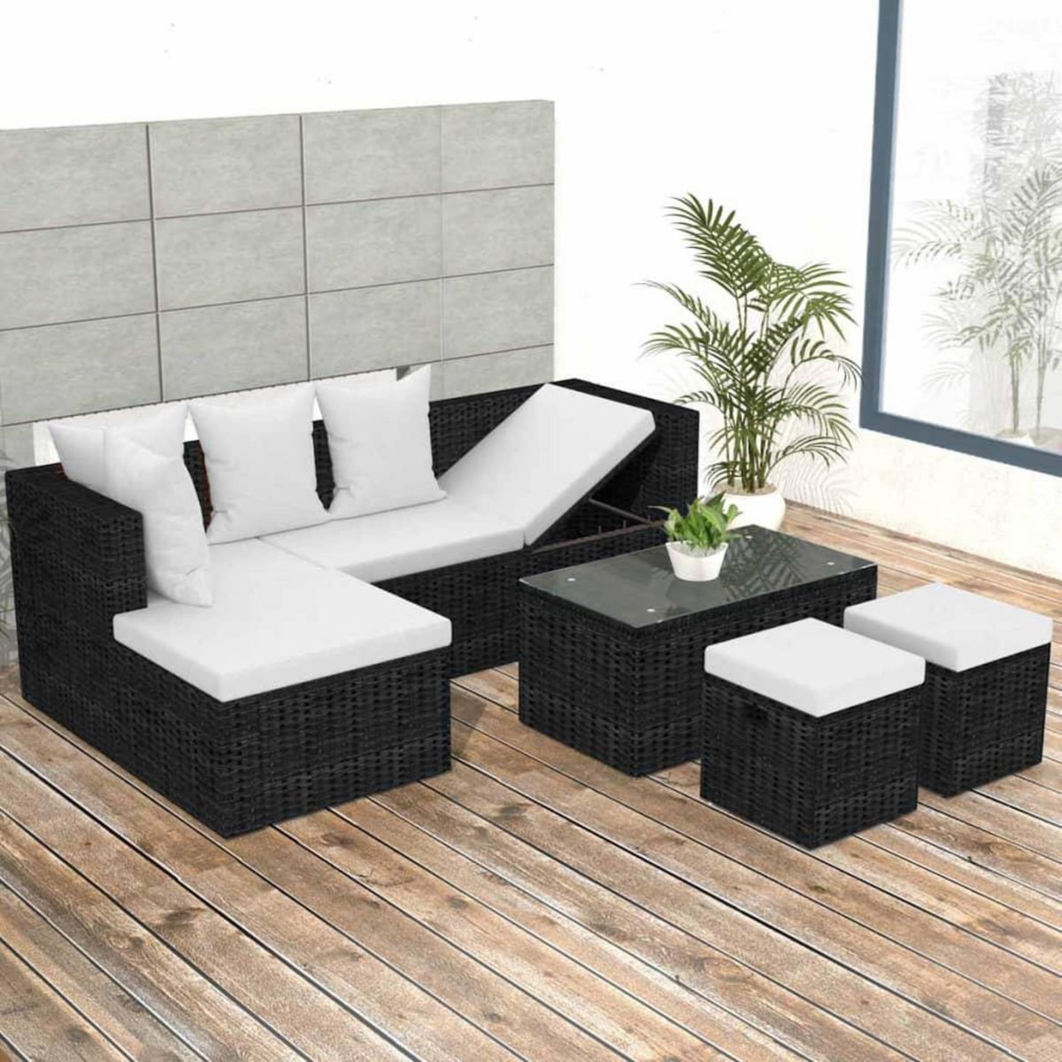 VIDAXL Salon de jardin 4 pcs avec coussins Resine tressee Noir