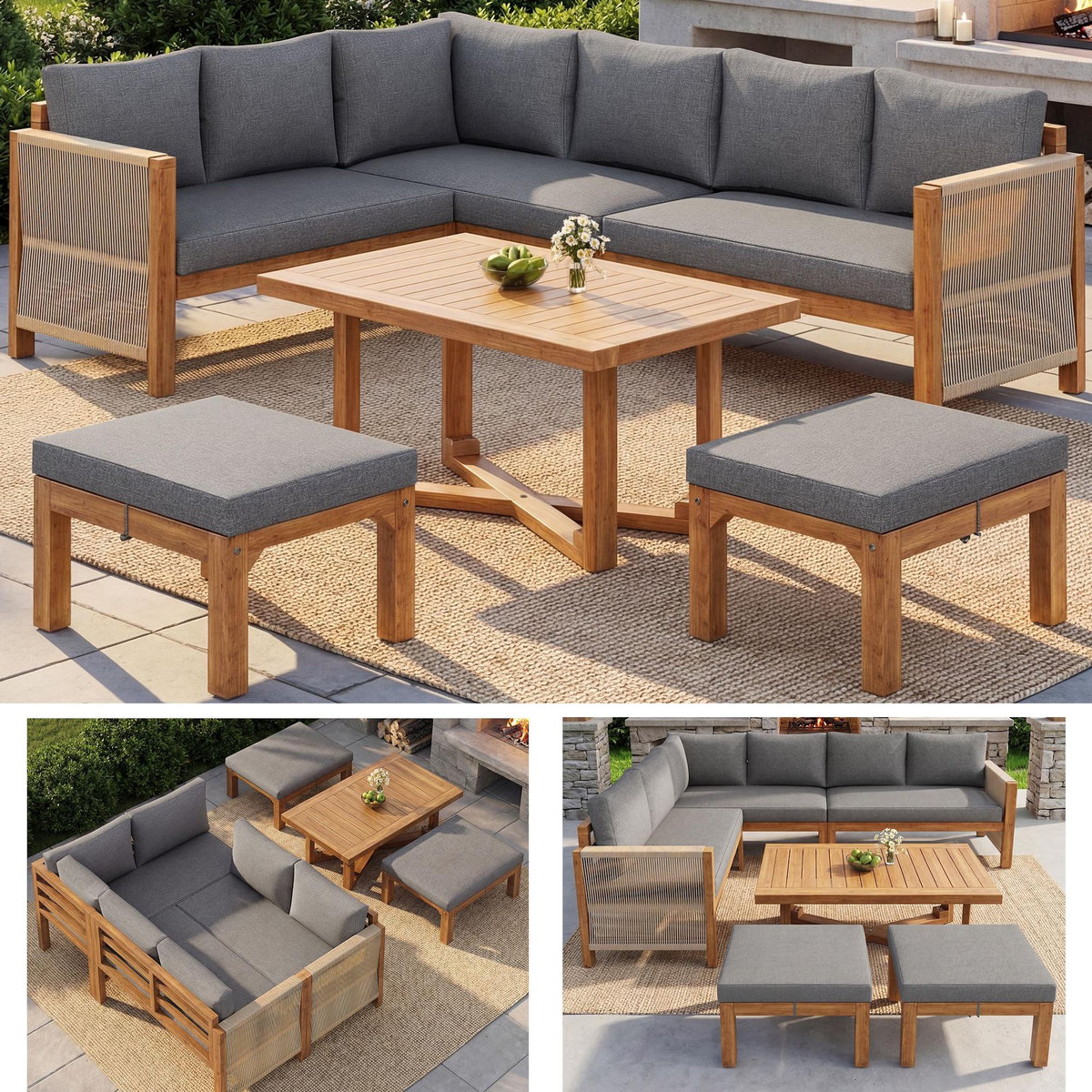 MERAX Salon de jardin 6 place en bois avec coussins