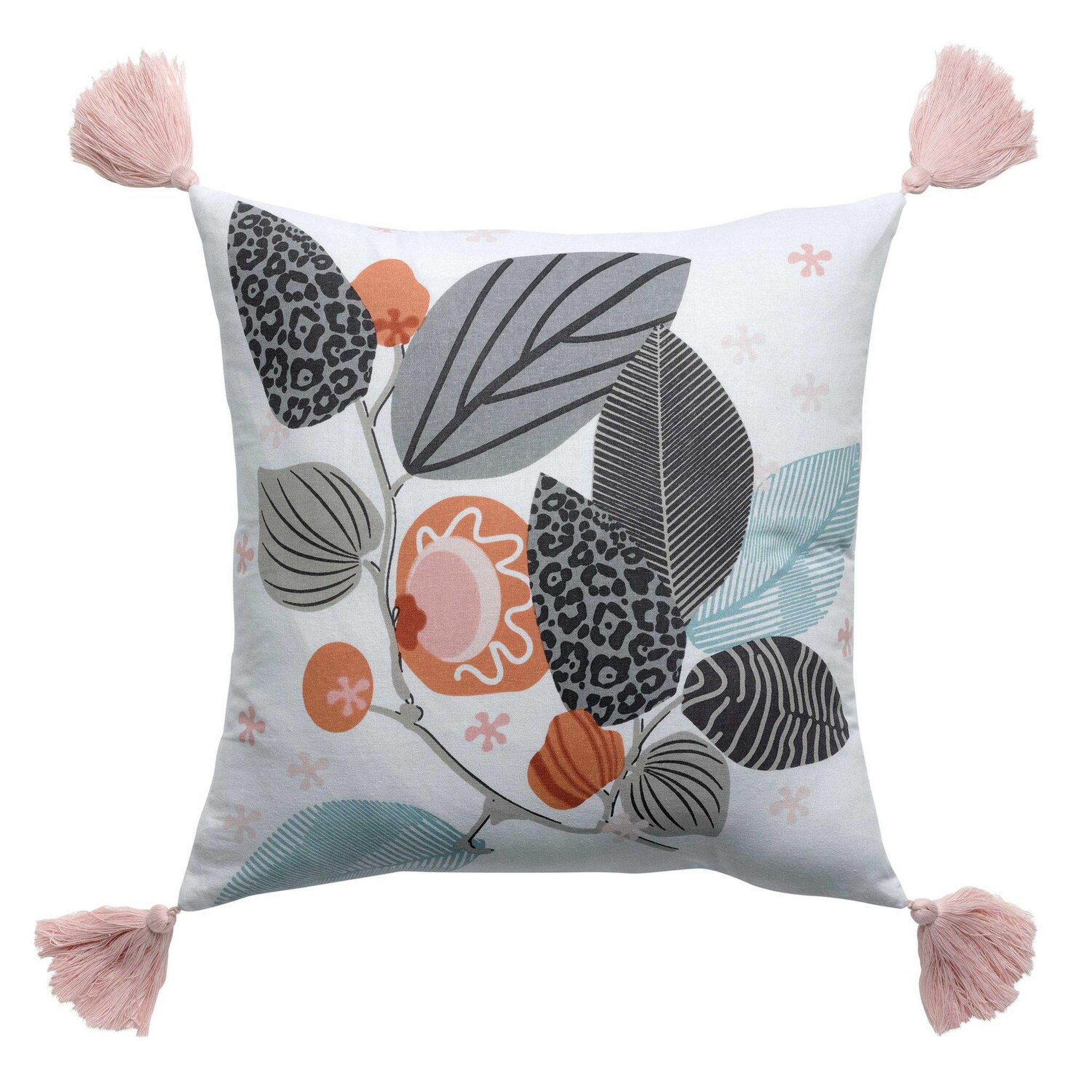 Voir la diapositive 1 : Les Ateliers du Linge Coussin décoratif imprimé en coton avec pompons
