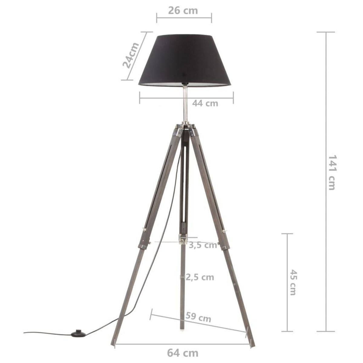VIDAXL Lampadaire a trepied Noir et dore Bois de teck massif 141 cm