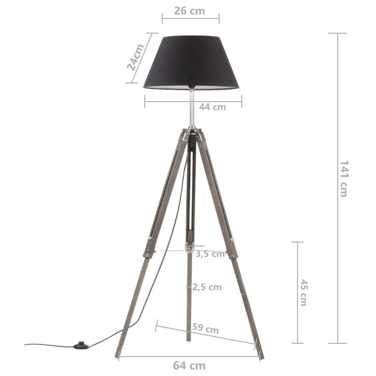 VIDAXL Lampadaire a trepied Noir et dore Bois de teck massif 141 cm