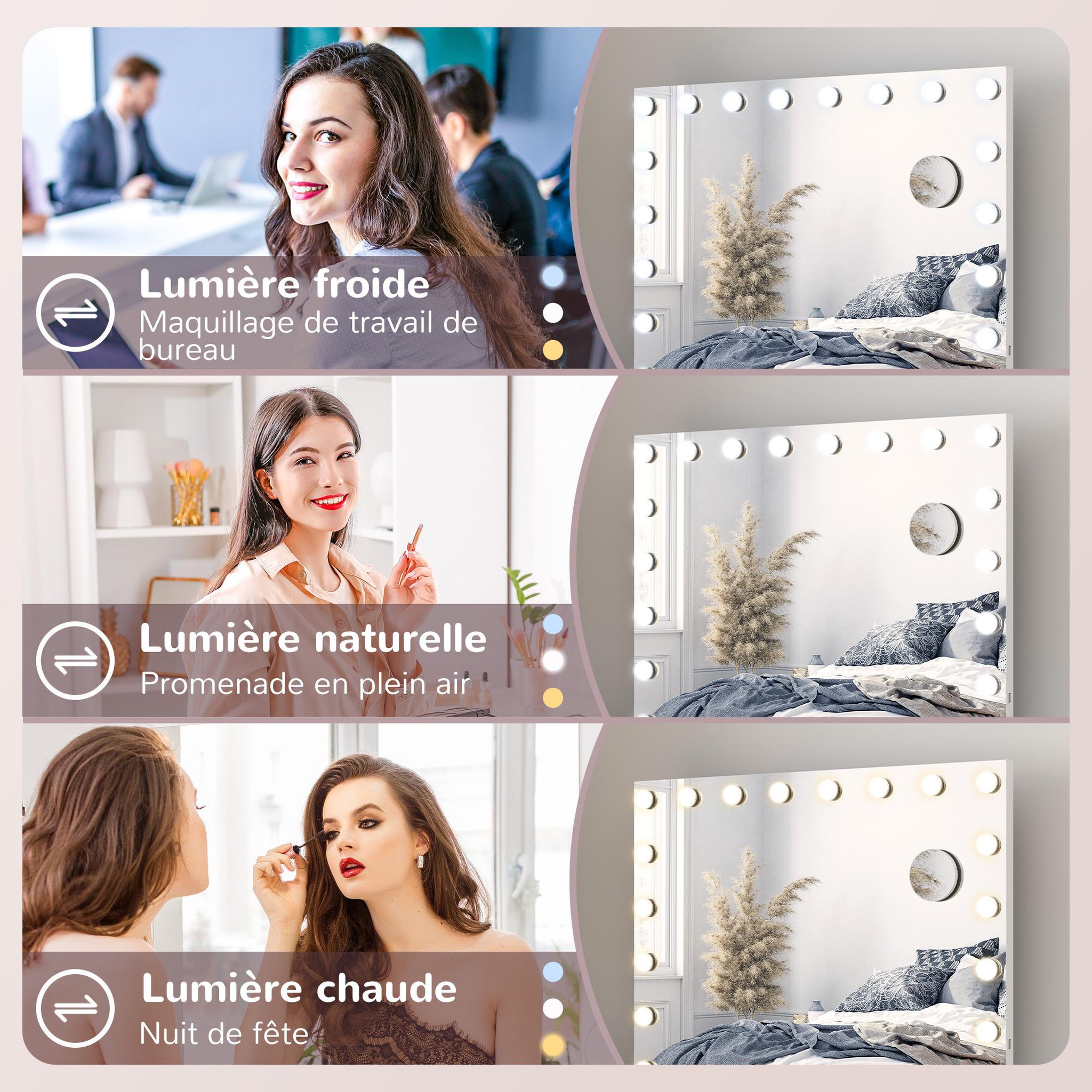 Voir la diapositive 5 : HOMCOM Miroir maquillage hollywood lumineux led intensité réglable grossissant charge usb support blanc