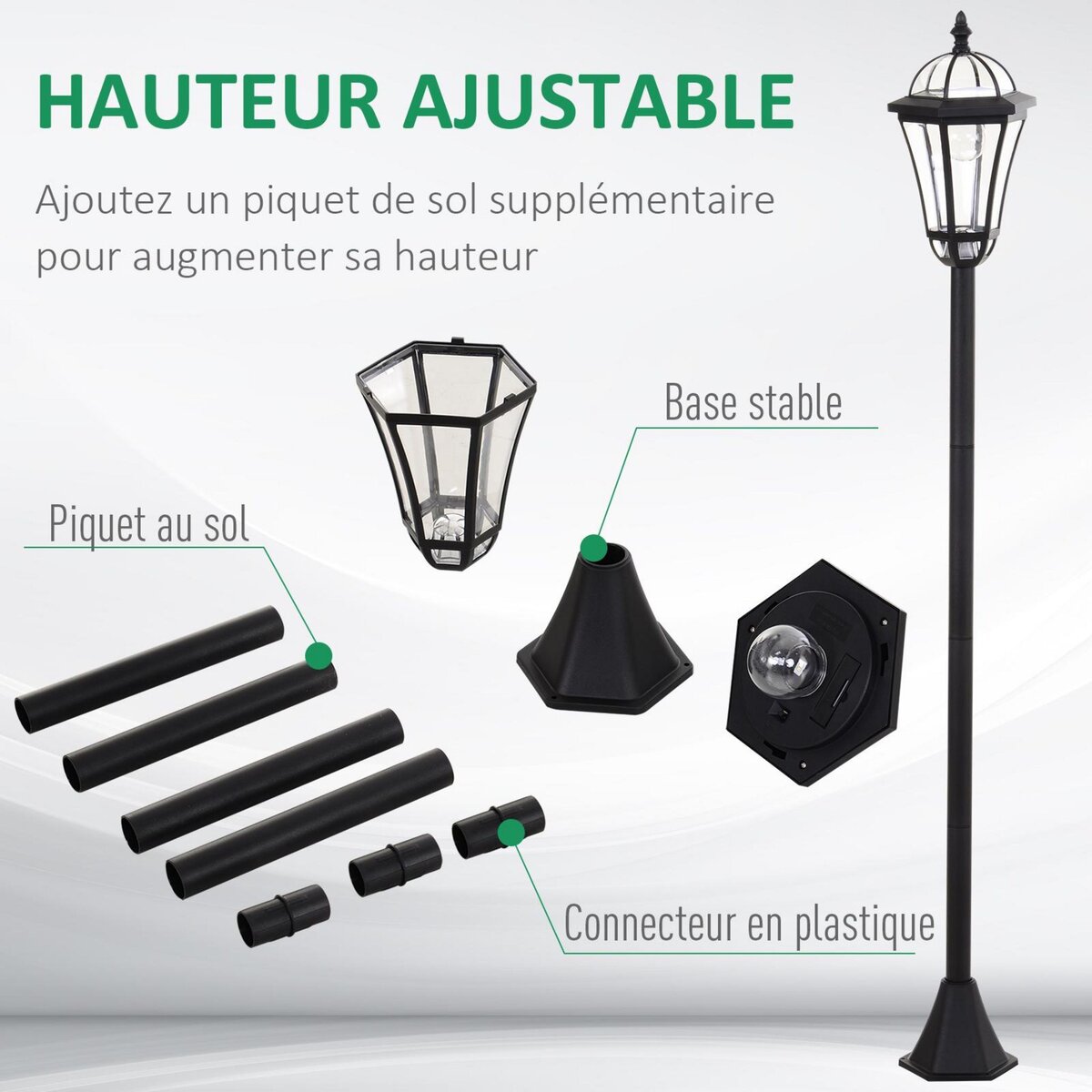 OUTSUNNY Lot de 2 luminaires extérieurs solaires lampadaires lanternes classiques LED 15 Lm Ø 18,5 x 129H cm noir