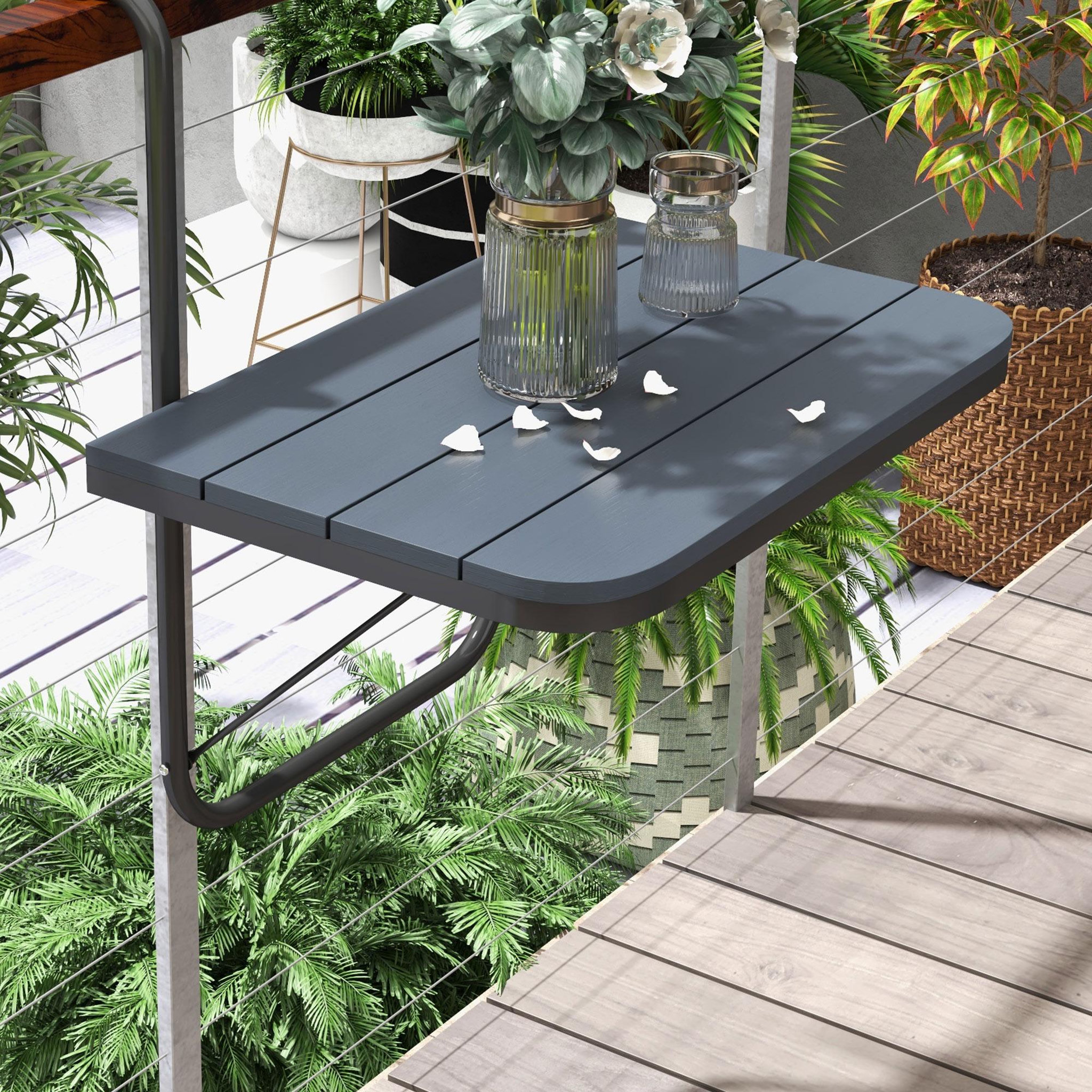 Voir la diapositive 2 : OUTSUNNY Table suspendue de balcon pliable dim. plateau 60L x 40l cm hauteur réglable 55-64H cm alu plastique noir