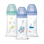 DODIE DODIE Lot de 3 Biberons Anti-Colique Sensation+ 330ml +6 Mois, Tetine Plate, Debit 3 - Bleu Mer et Vert Air