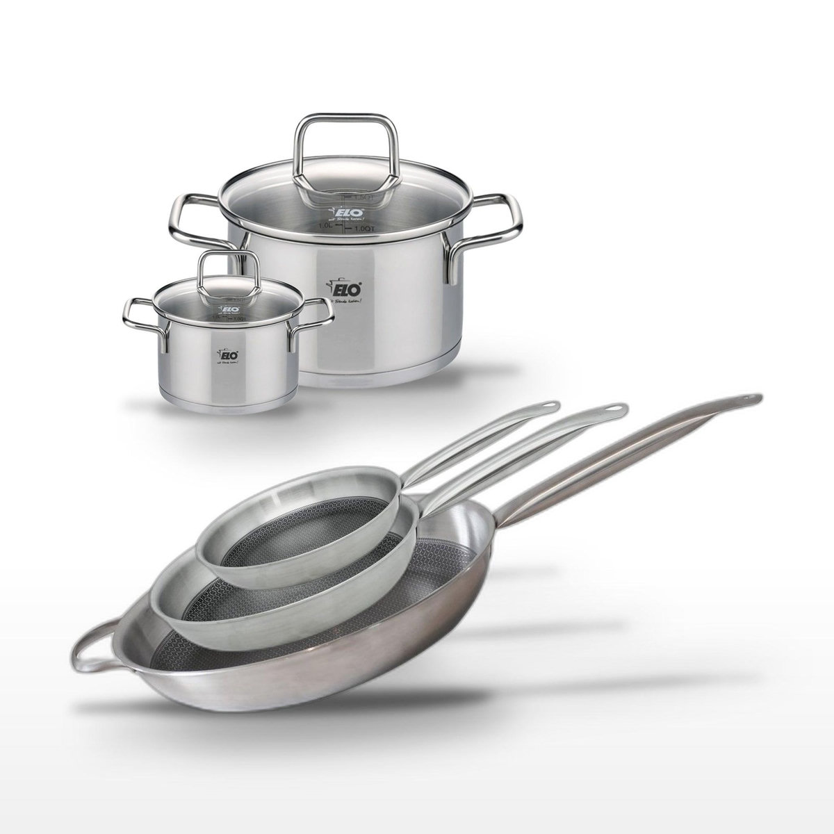 ELO Lot de 3 Poêles Elo Relief Solution 24/28/32 cm et 2 Faitouts Elo Citrin 12/20 cm