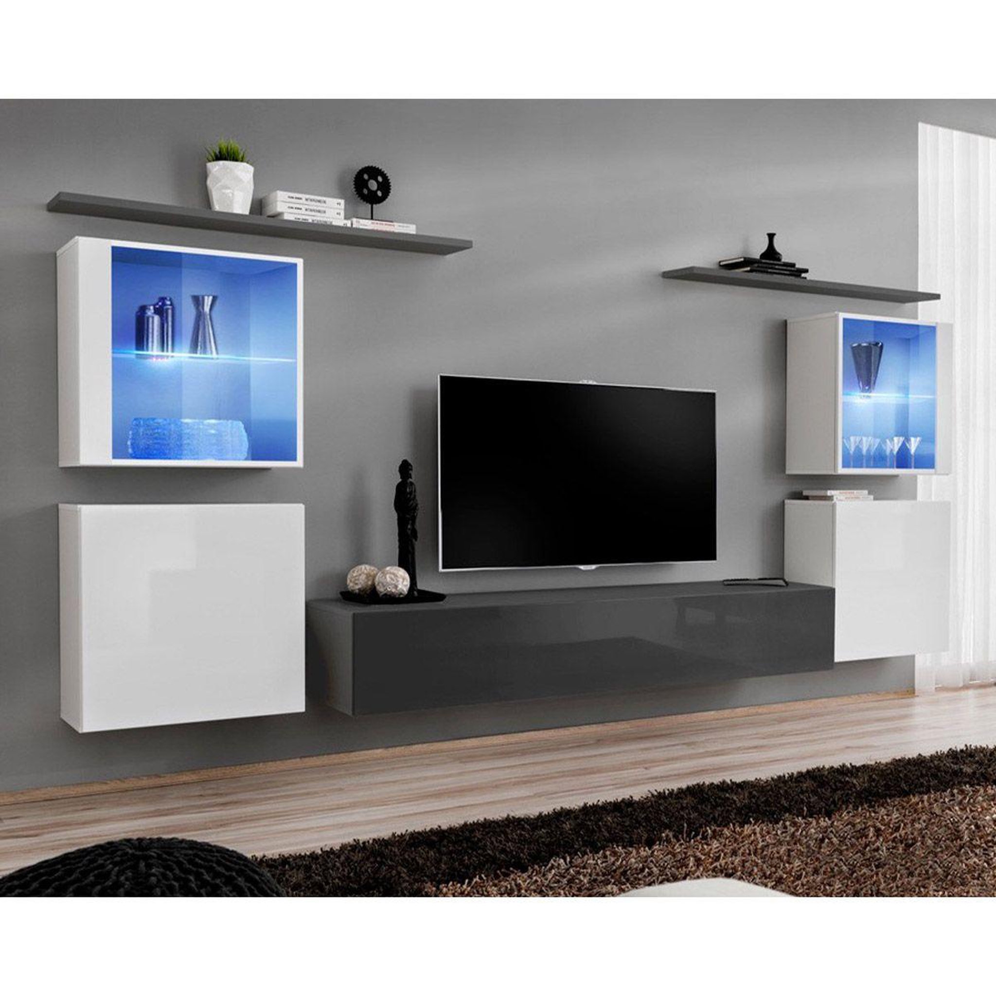 Voir la diapositive 1 : Paris Prix Meuble tv mural design  switch xiv  320cm blanc & gris