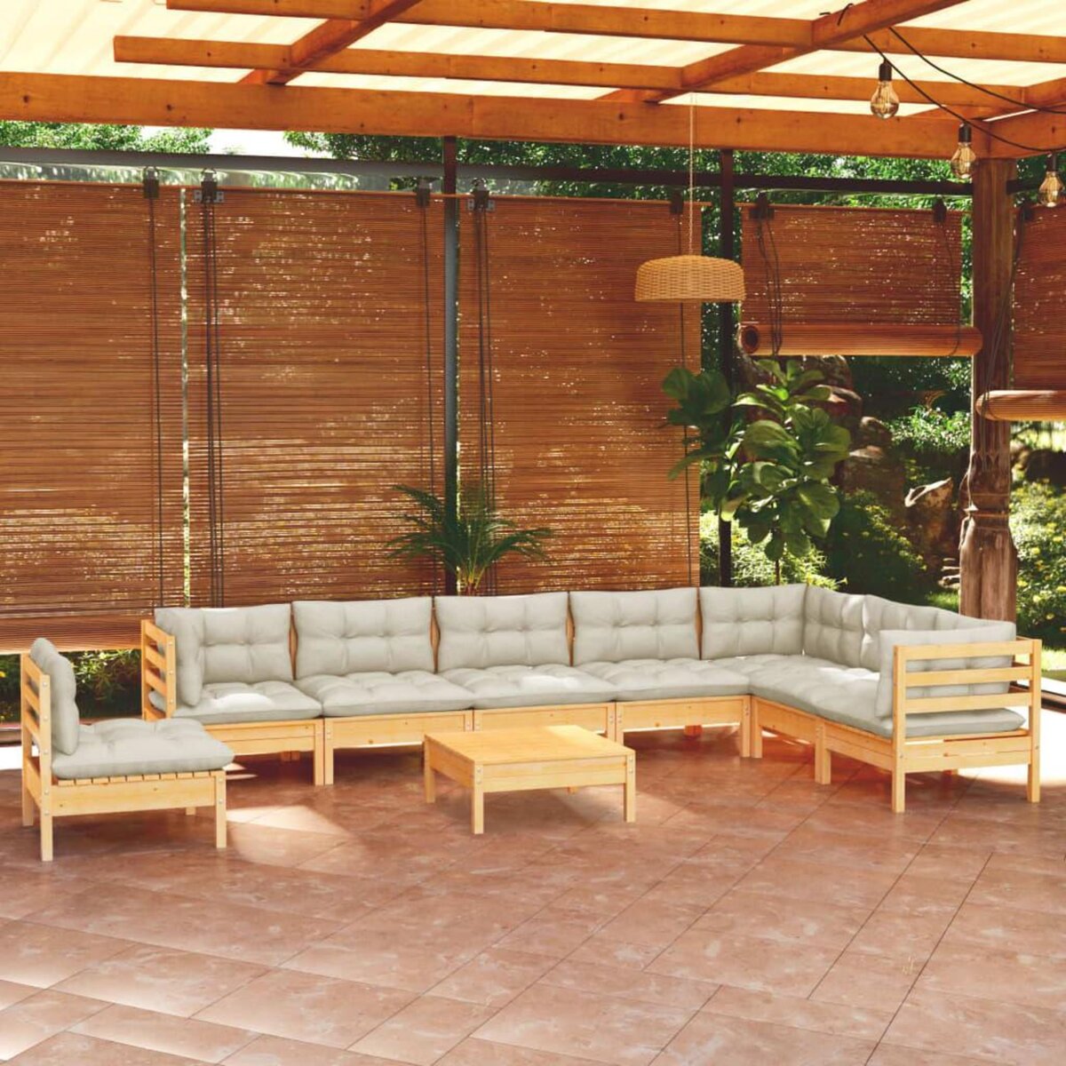 VIDAXL Salon de jardin 9 pcs avec coussins creme Bois de pin solide