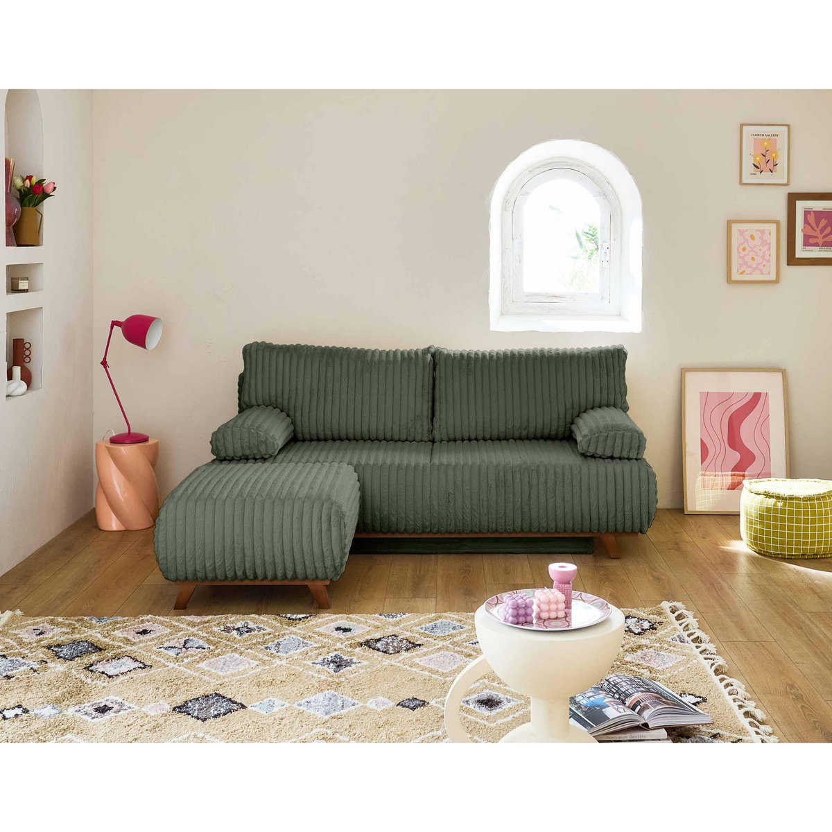 BEST MOBILIER Cristal - canapé 3 places - convertible avec coffre et pouf - en fausse fourrure côtelée