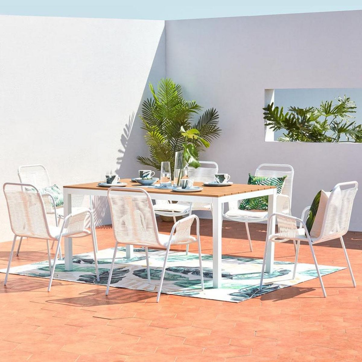 CONCEPT USINE Table de jardin et 6 fauteuils en aluminium cordes blanches ALONDRA