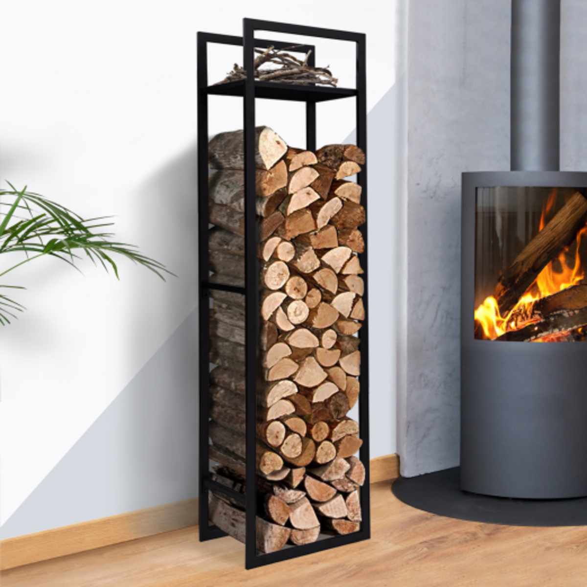 ID MARKET Range bûches vertical acier noir avec étagère H.170 CM pour cheminée