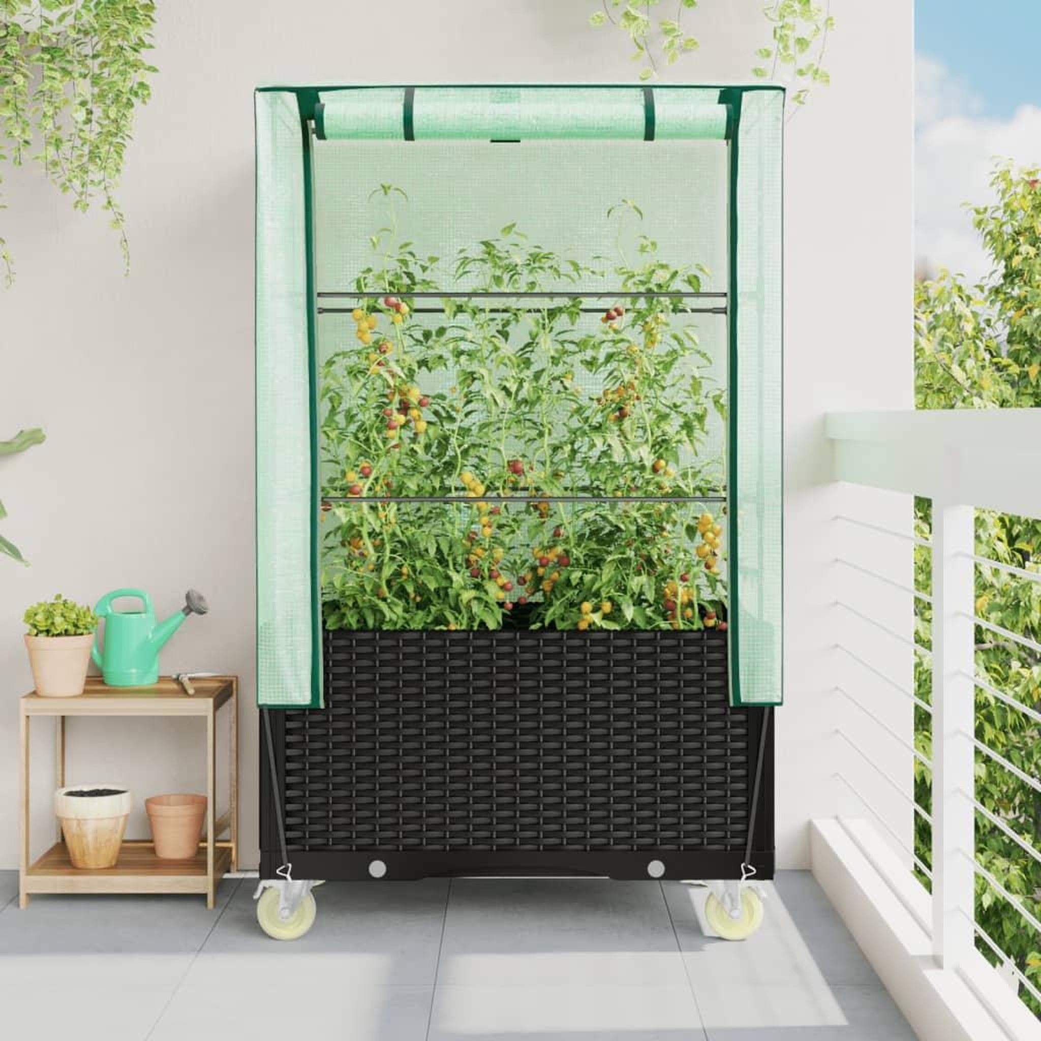 Voir la diapositive 3 : VIDAXL Jardiniere surelevee avec housse et roues aspect rotin