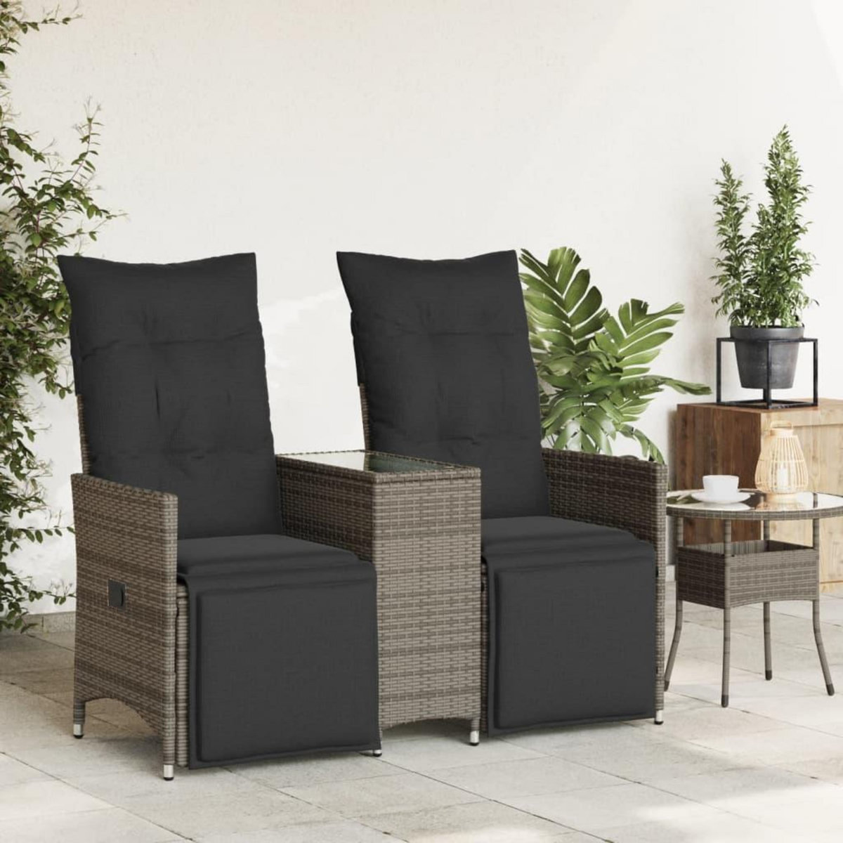 VIDAXL Canape de jardin inclinable 2 places avec table gris poly rotin
