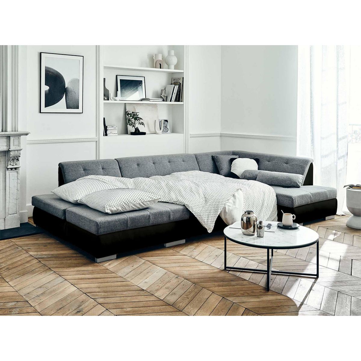 LISA DESIGN Vermont - canapé panoramique d'angle droit - 7 places - convertible - en simili et tissu