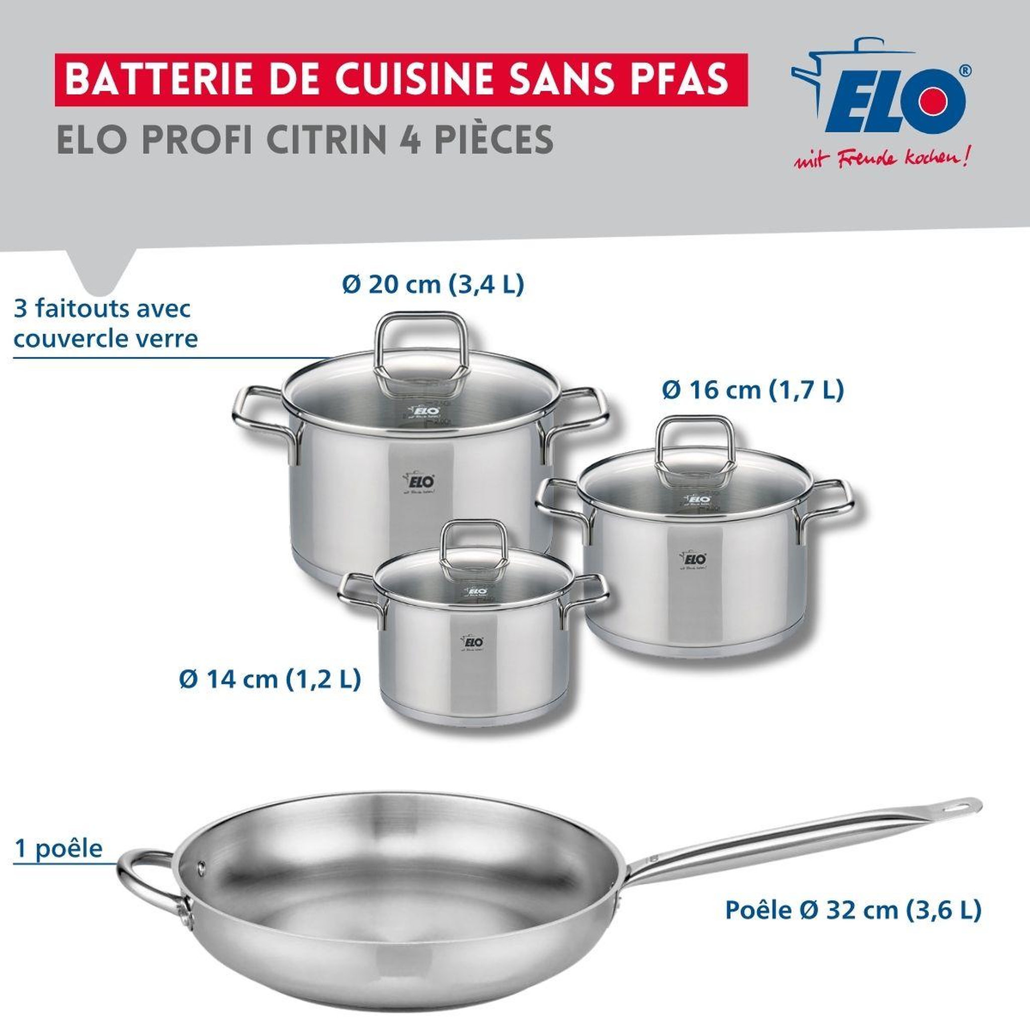 Voir la diapositive 2 : ELO Set de 1 poêle de cuisson 32 cm et 3 faitouts 14, 16 et 20 cm elo profi citrin