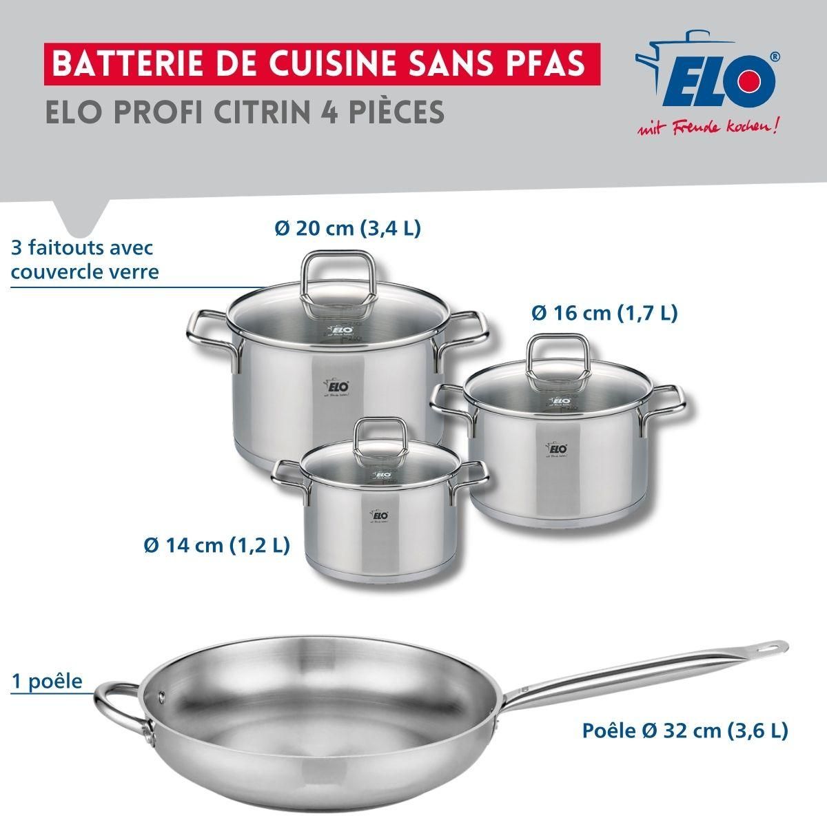 ELO Set de 1 Poêle de cuisson 32 cm et 3 faitouts 14, 16 et 20 cm Elo Profi Citrin