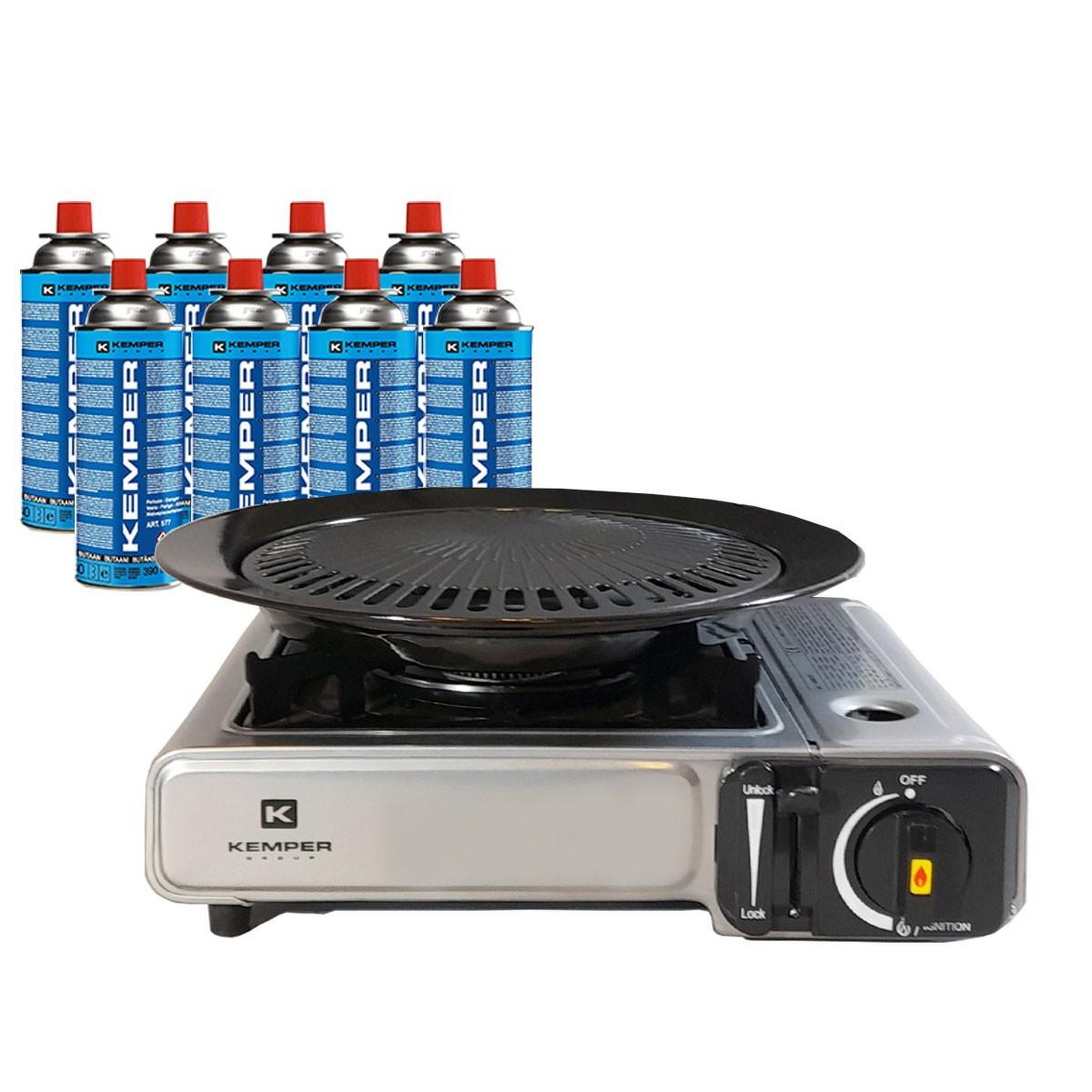 Kemper Barbecue gaz grill 2en1 réchaud gaz piézo 2200 w + 8 cartouches gaz butane kemper
