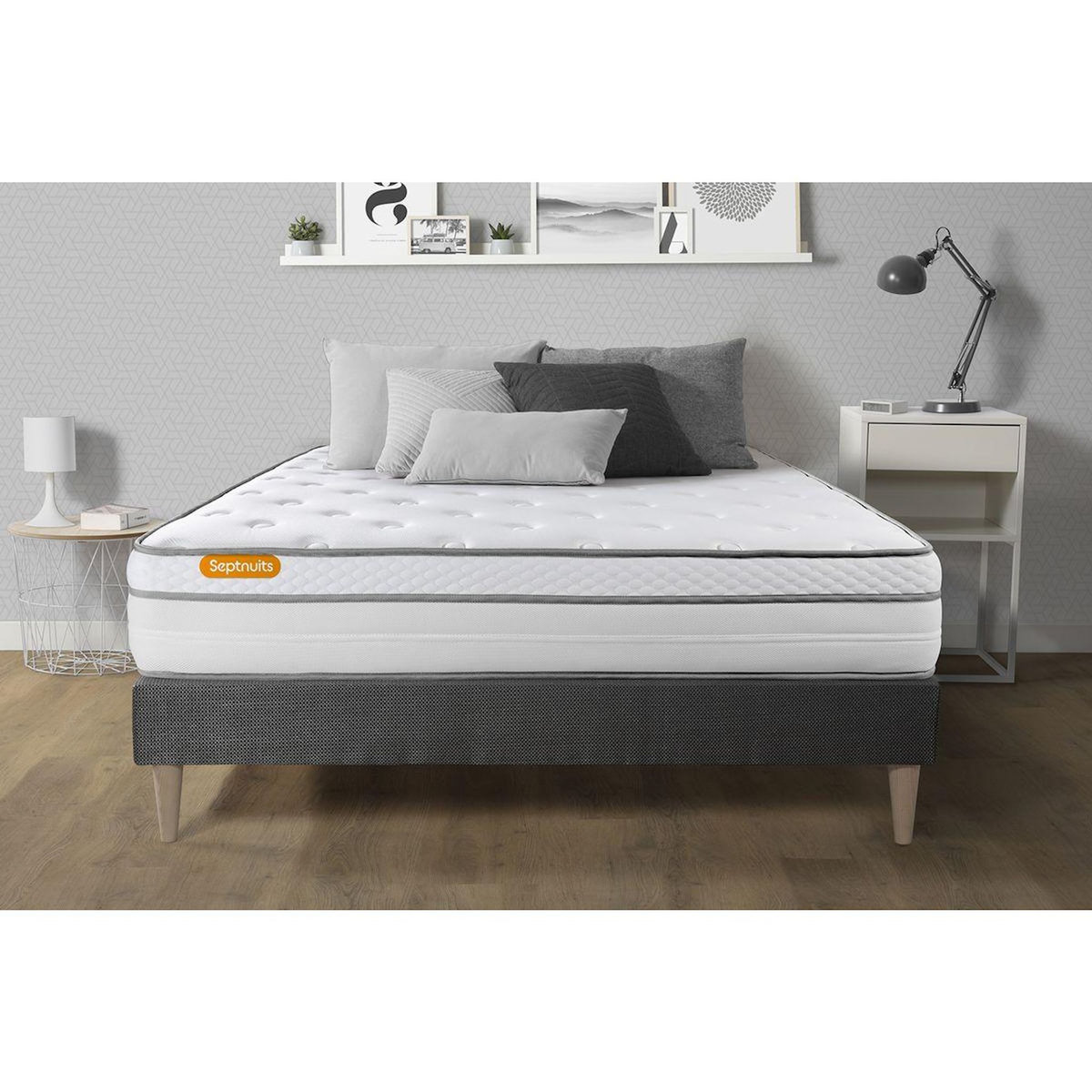 SEPTNUITS Matelas + sommier kit gris Memo Luxe Ressorts ensachés + mémoire de forme MAXI épaisseur