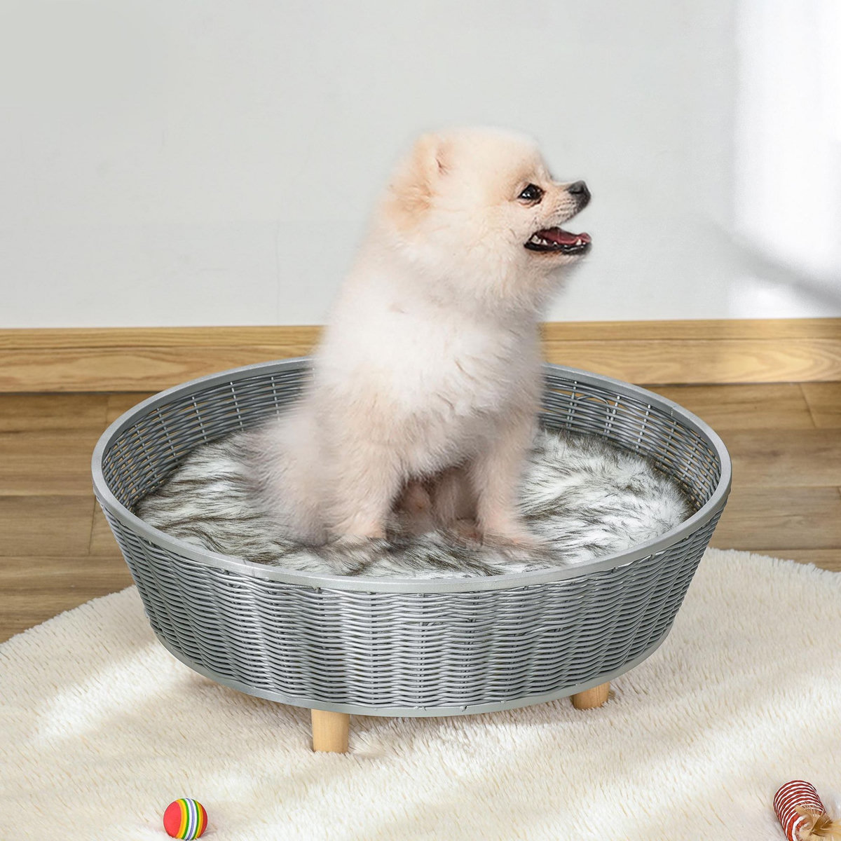 PAWHUT Canapé chien lit pour chien panier chat design scandinave avec coussin aspect fourrure dim. Ø 60 x 23,5H cm pieds bois pin résine tressée gris