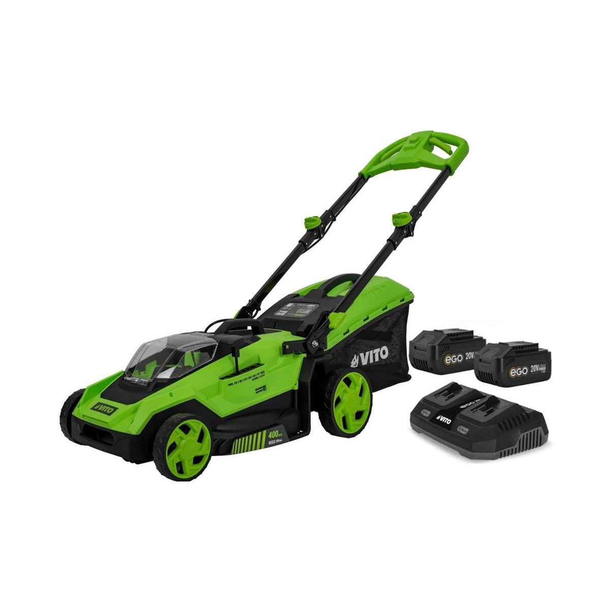 VITO Tondeuse à gazon 40V -2 Batteries lithium 2.0Ah Chargeur Double Moteur Brushless Gazon 500m2 VITO