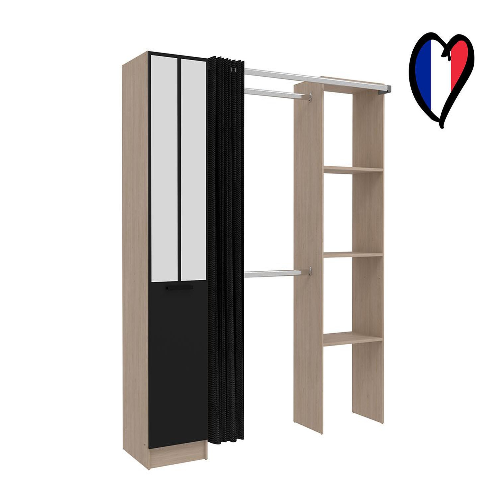 Voir la diapositive 5 : CONCEPT USINE Dressing industriel bois avec rideau noir et 2 penderies et 6 étagères NICE